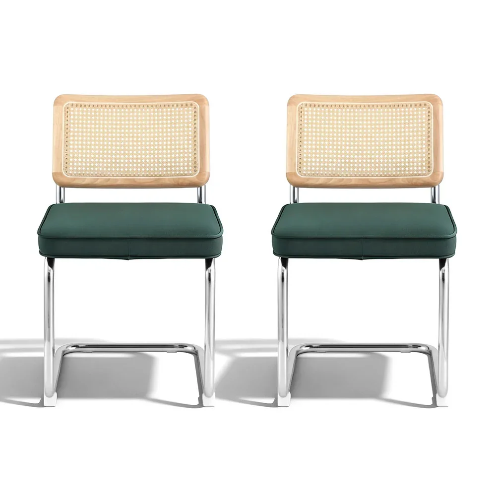 Dining Chairs Set of 2 Velvet Rattan Cantilever Green - Image 3