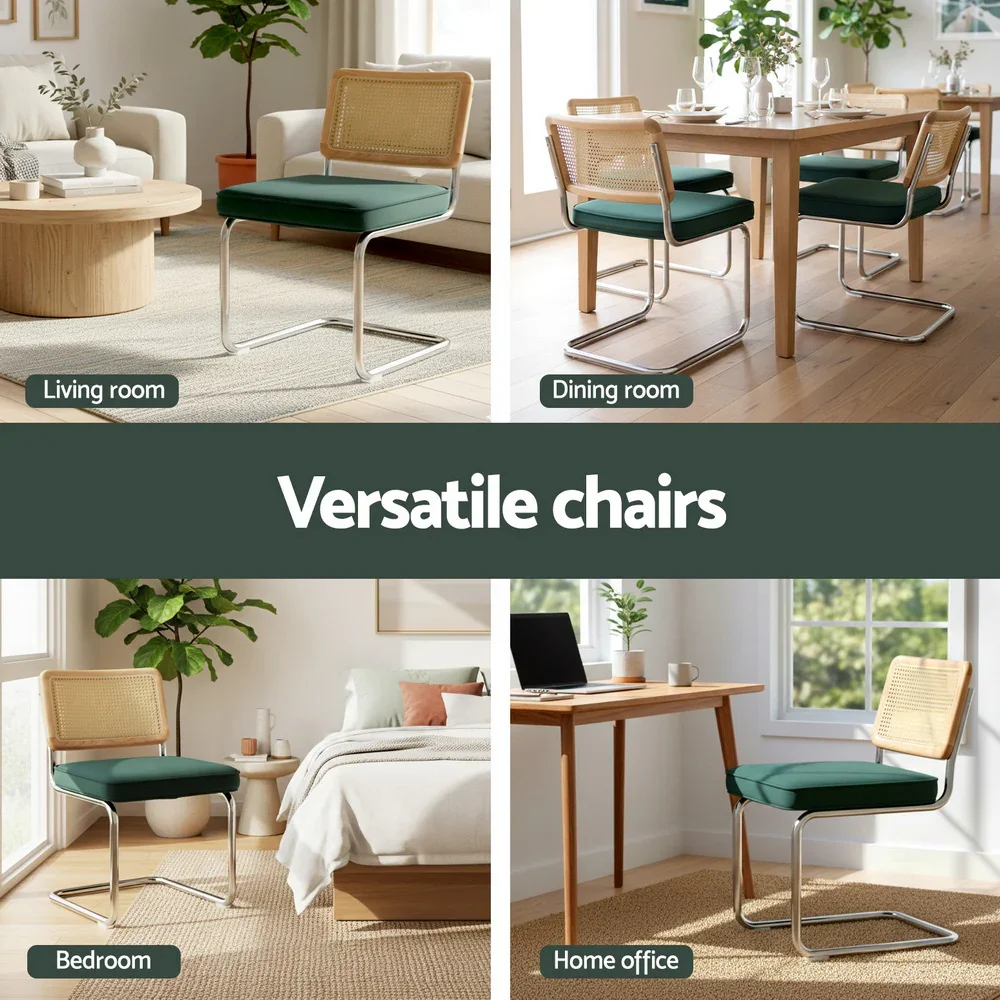Dining Chairs Set of 2 Velvet Rattan Cantilever Green - Image 5