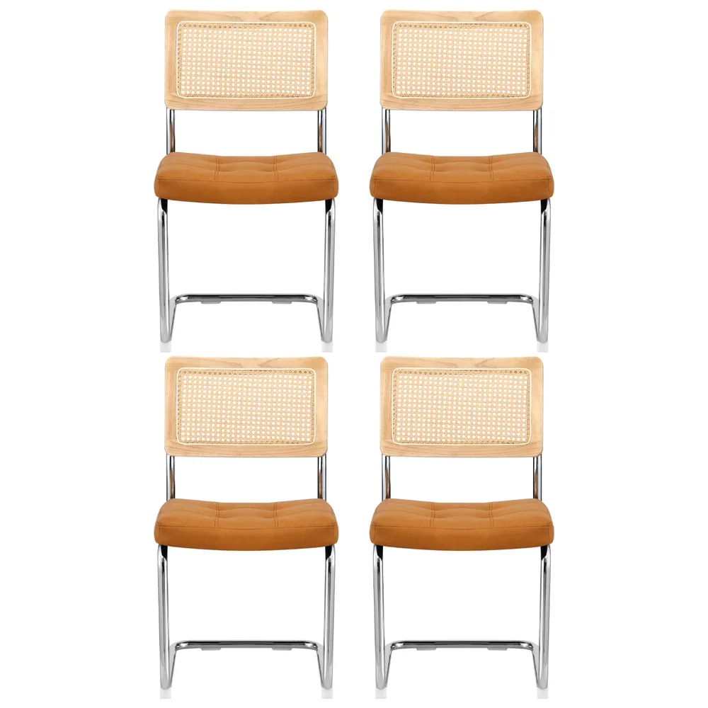 Dining Chairs Set of 4 PU Leather Rattan Cantilever Brown - Image 6