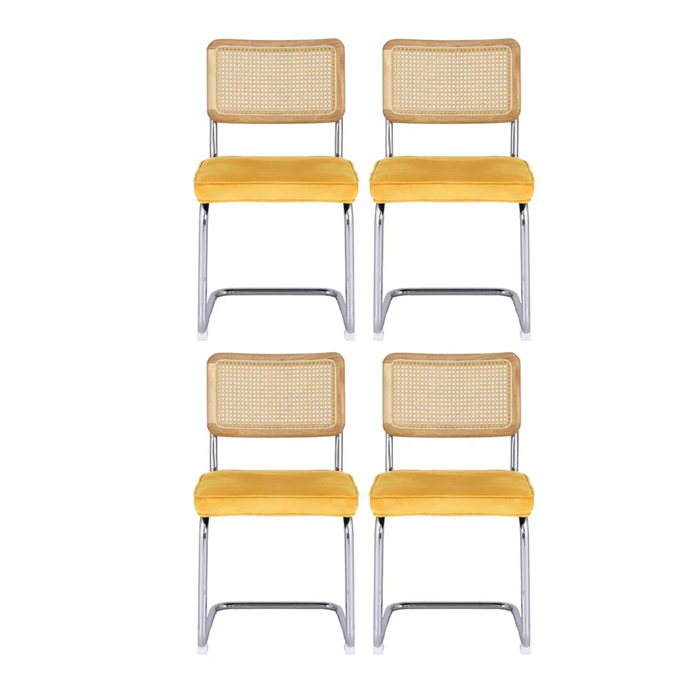 Dining Chairs Set of 4 Velvet Rattan Cantilever Yellow - Image 3