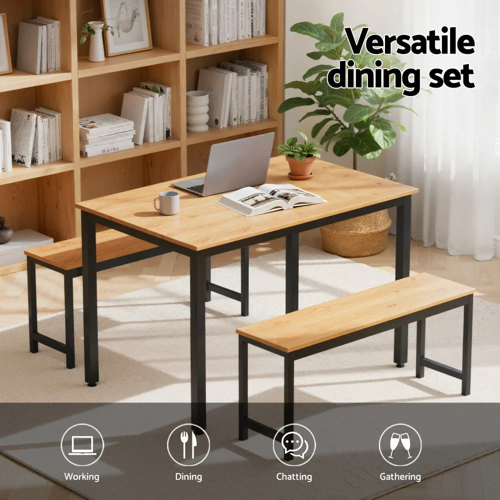 Dining Table and Chairs Set 3PCS Kitchen Metal Desk Bench Natural Oak - Image 2