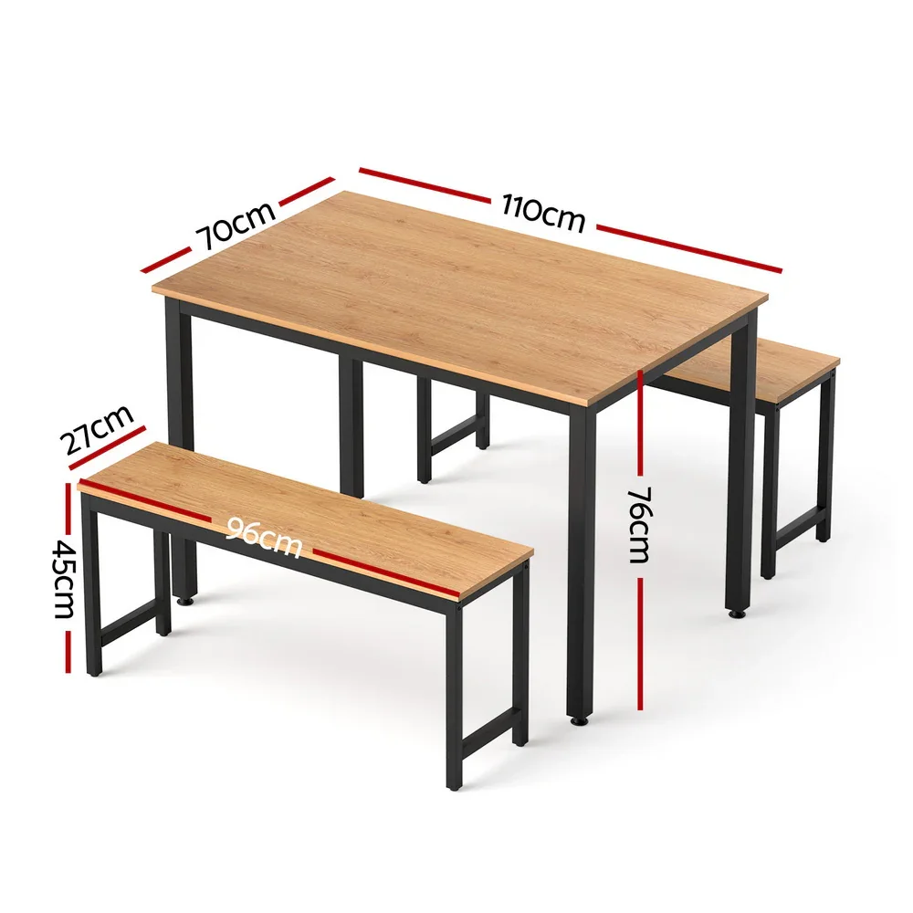 Dining Table and Chairs Set 3PCS Kitchen Metal Desk Bench Natural Oak - Image 5