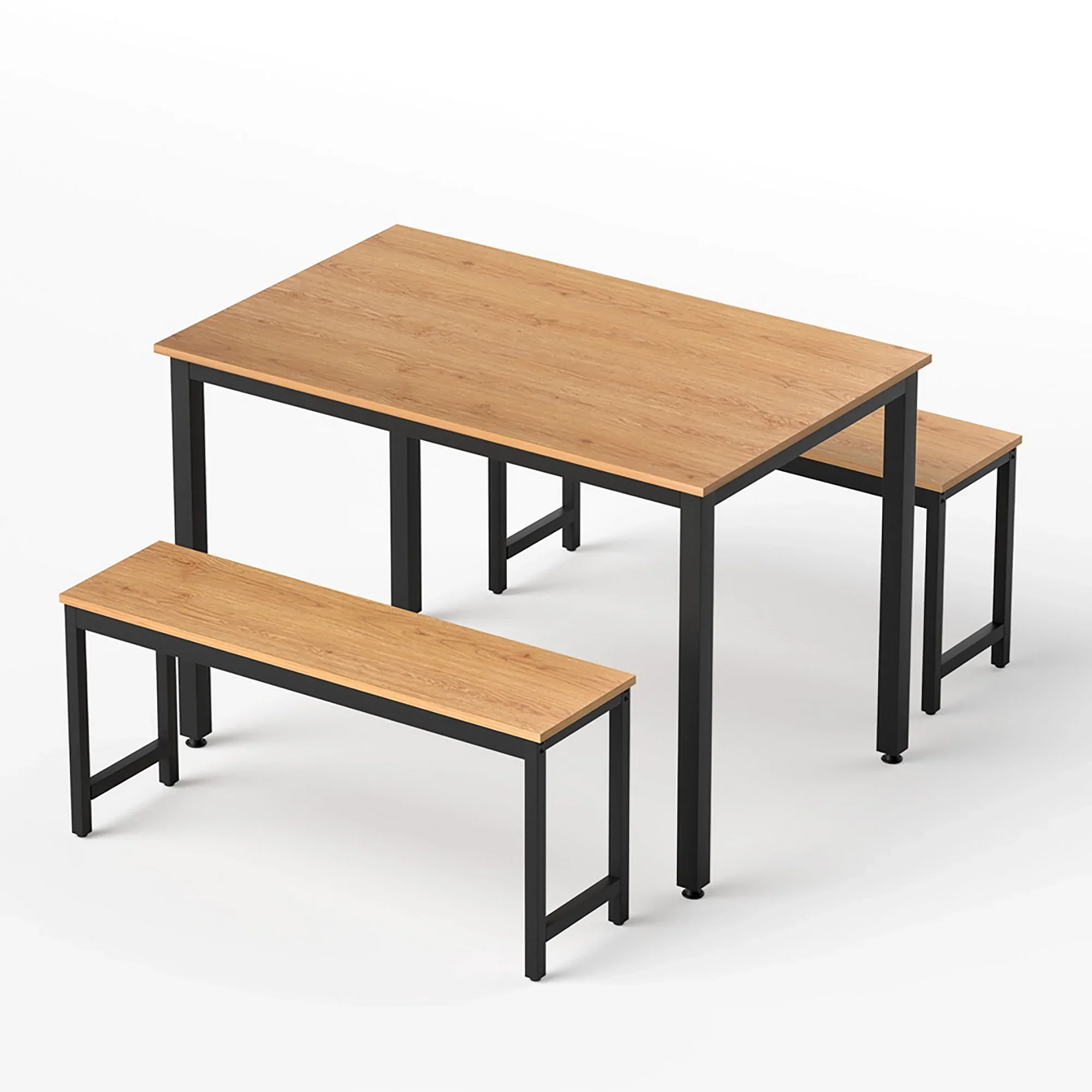 Dining Table and Chairs Set 3PCS Kitchen Metal Desk Bench Natural Oak - Image 7
