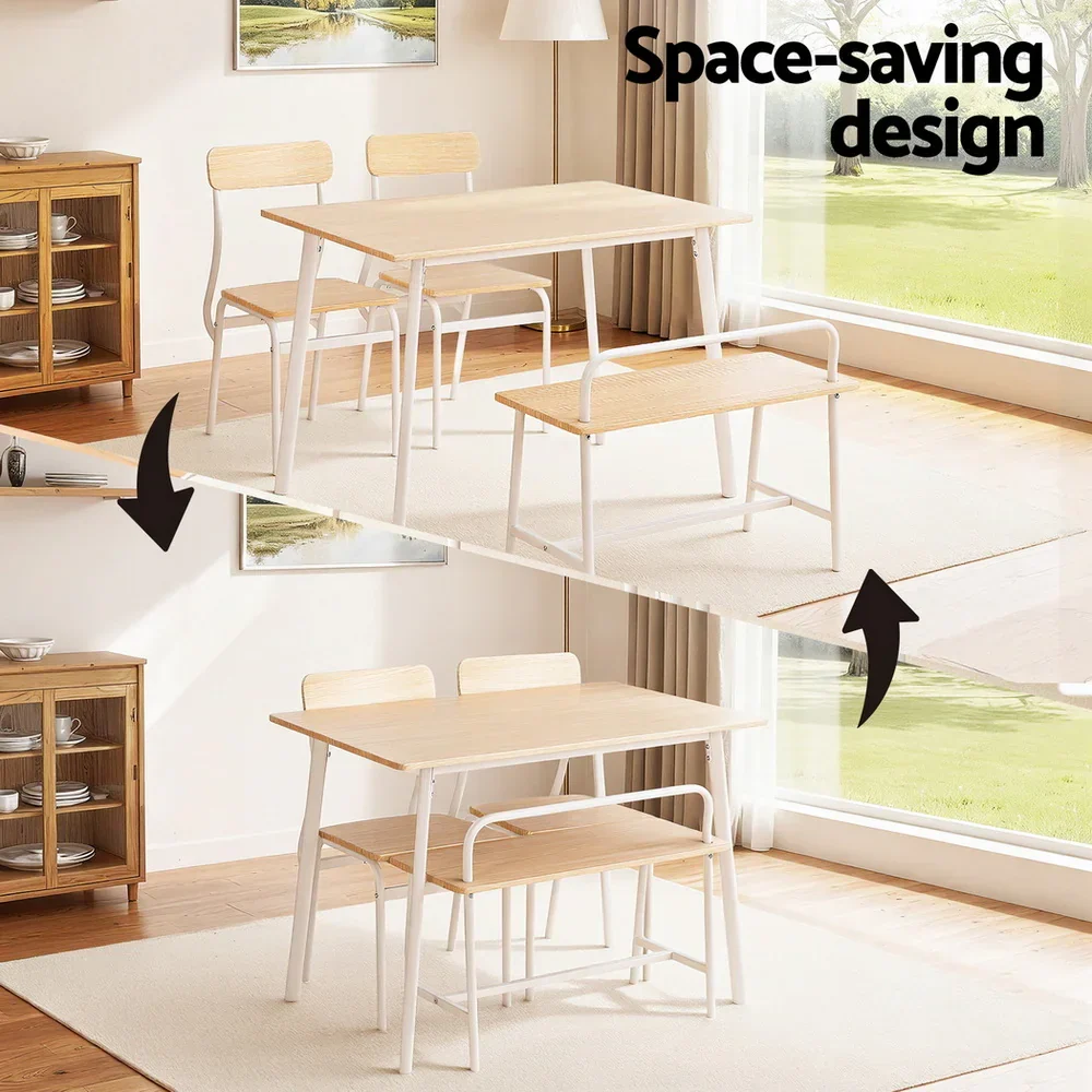 Dining Table and Chairs Set of 4 Bench Kitchen Furniture Natural and White - Image 4