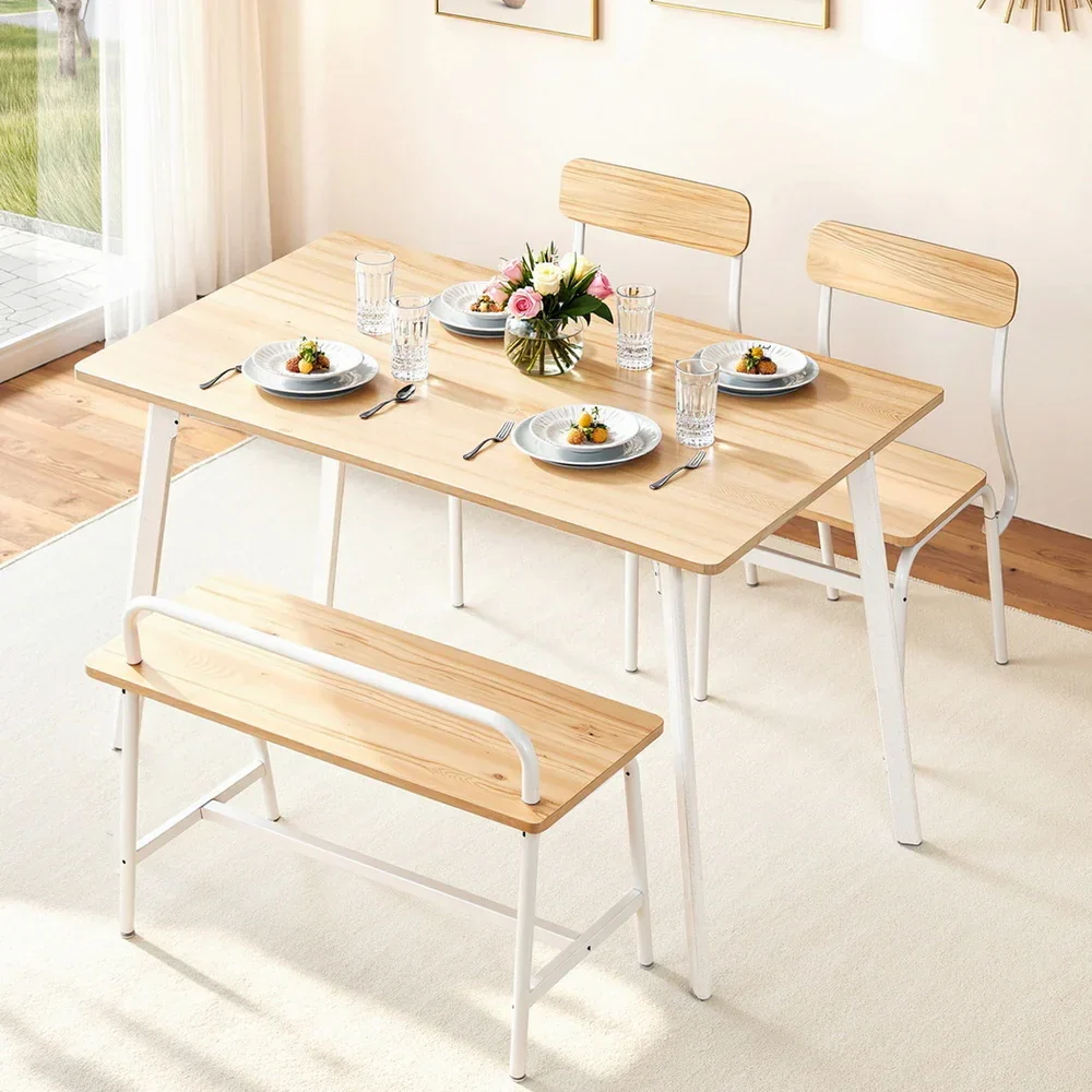 Dining Table and Chairs Set of 4 Bench Kitchen Furniture Natural and White - Image 7