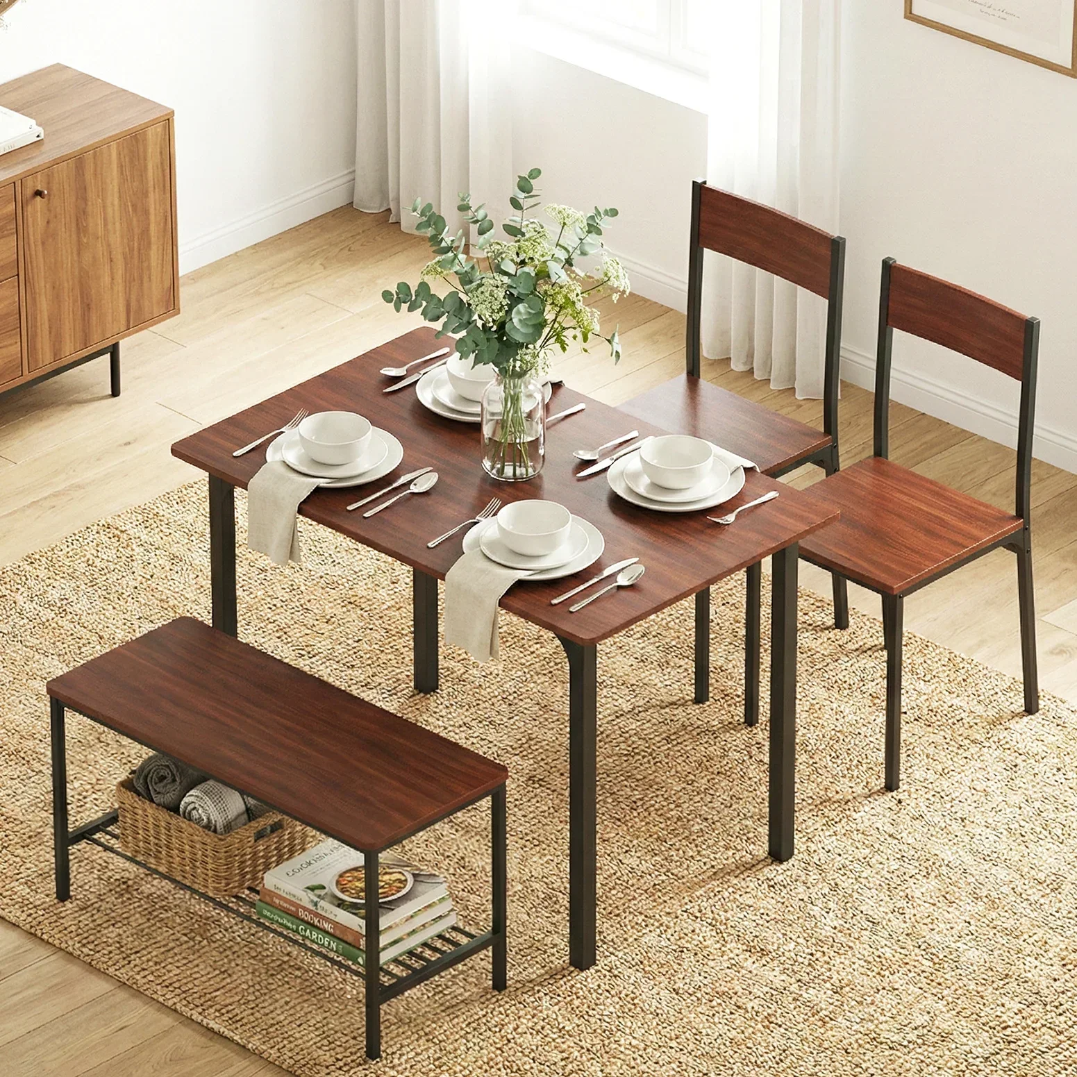 Dining Table and Chairs Set of 4 Storage Bench Kitchen Furniture Walnut - Image 2