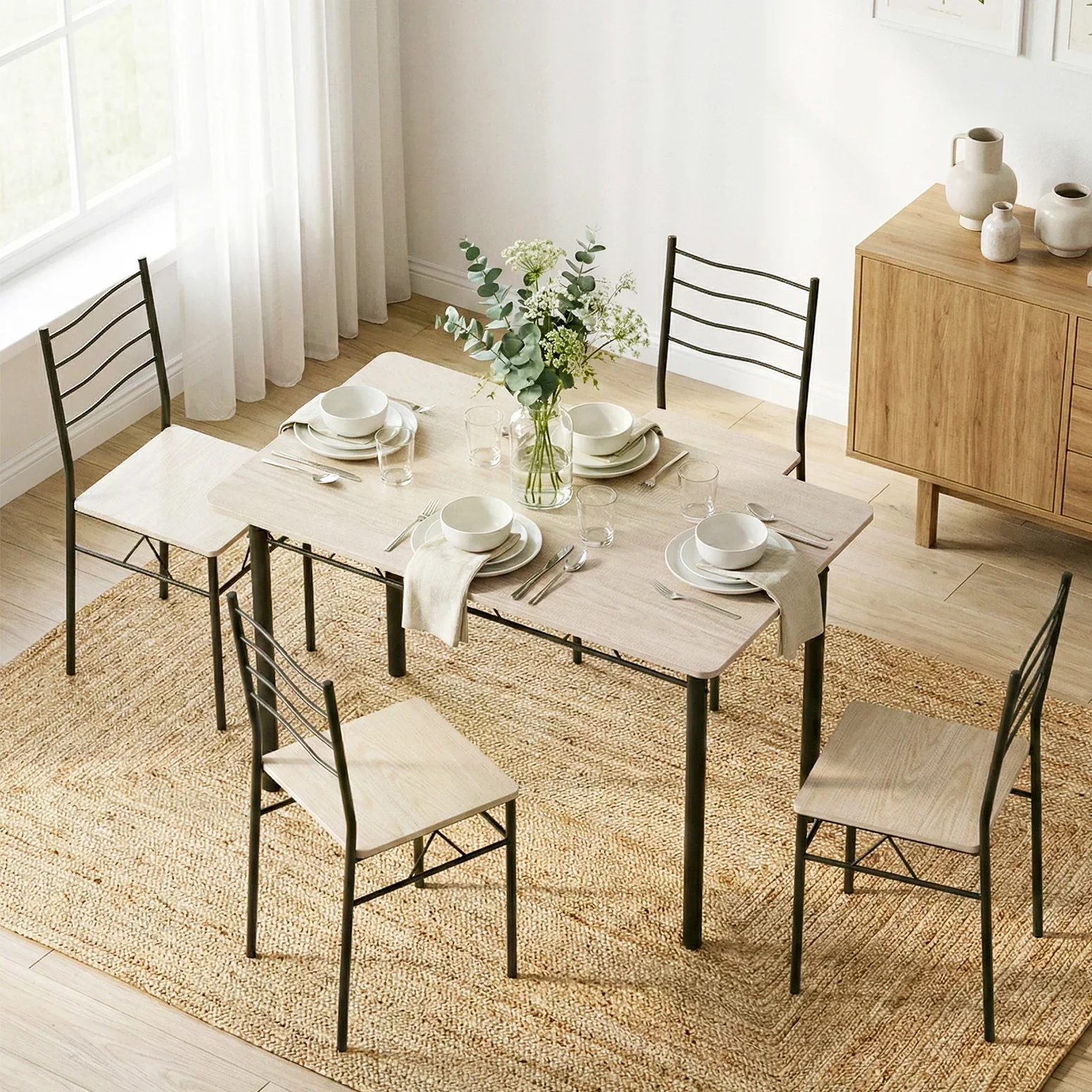 Dining Table and Chairs Set of 5 Compact Kitchen Furniture Modern Oak - Image 2