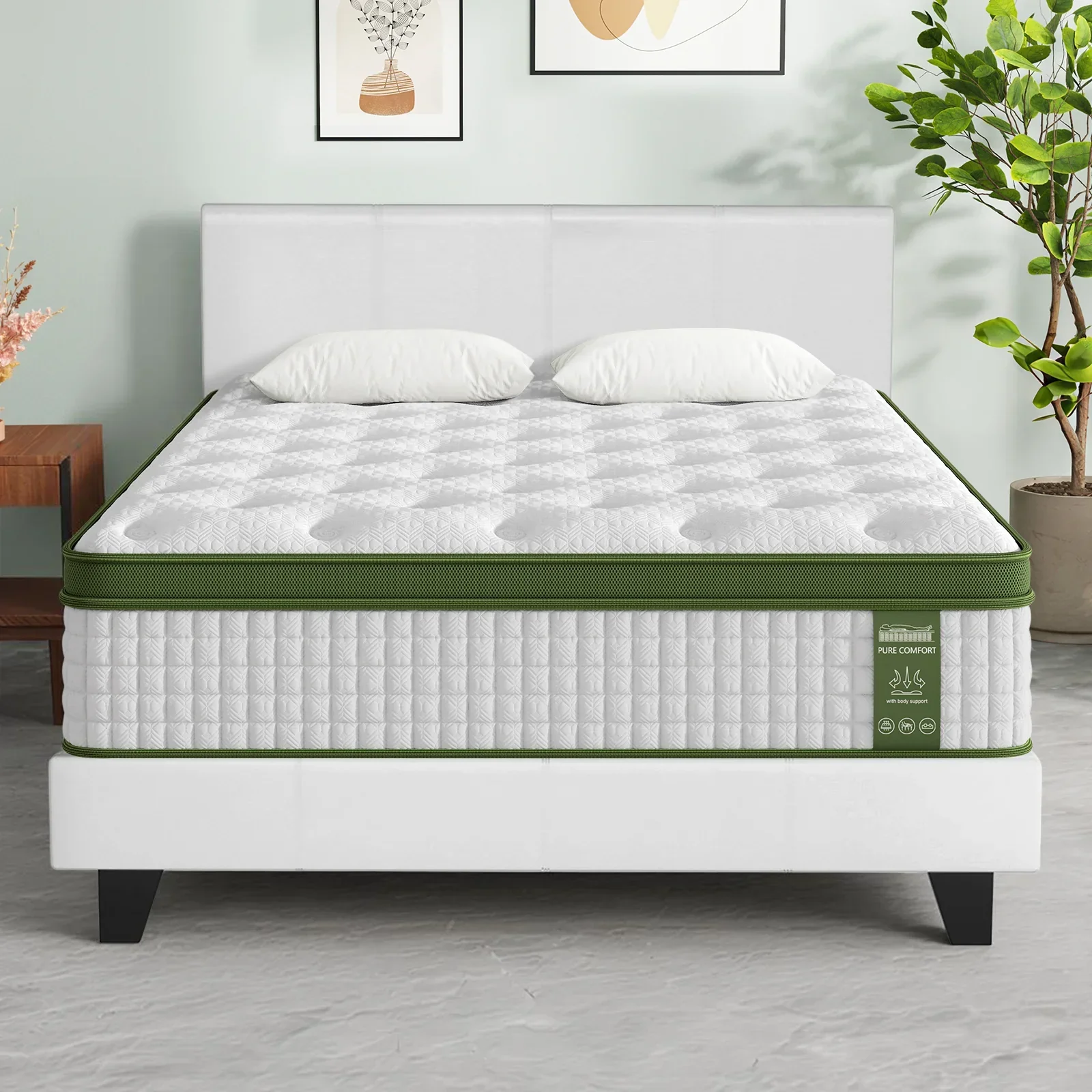 Double Bed Frame and Hybrid Mattress Bundle with Headboard White - Image 2