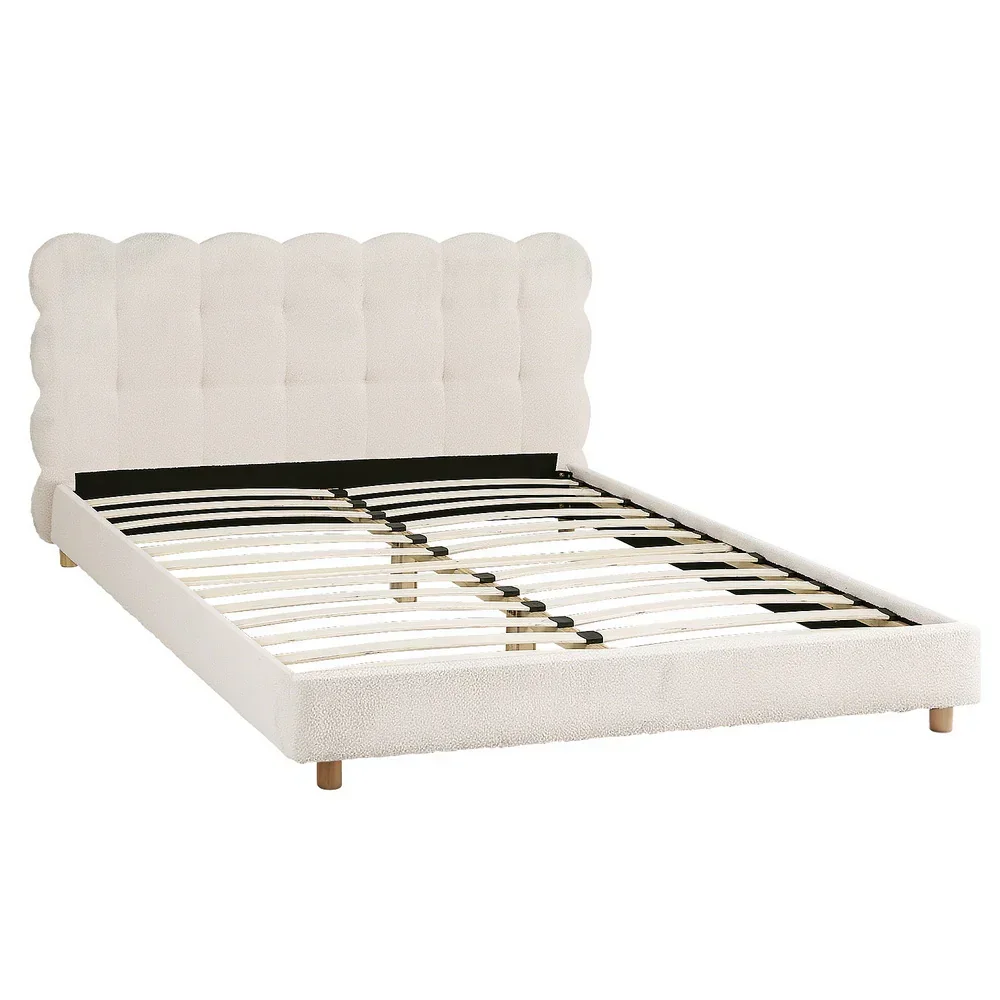 Double Bed Frame Cloud Headboard Boucle Fabric Mattress Platform Base White - Image 7