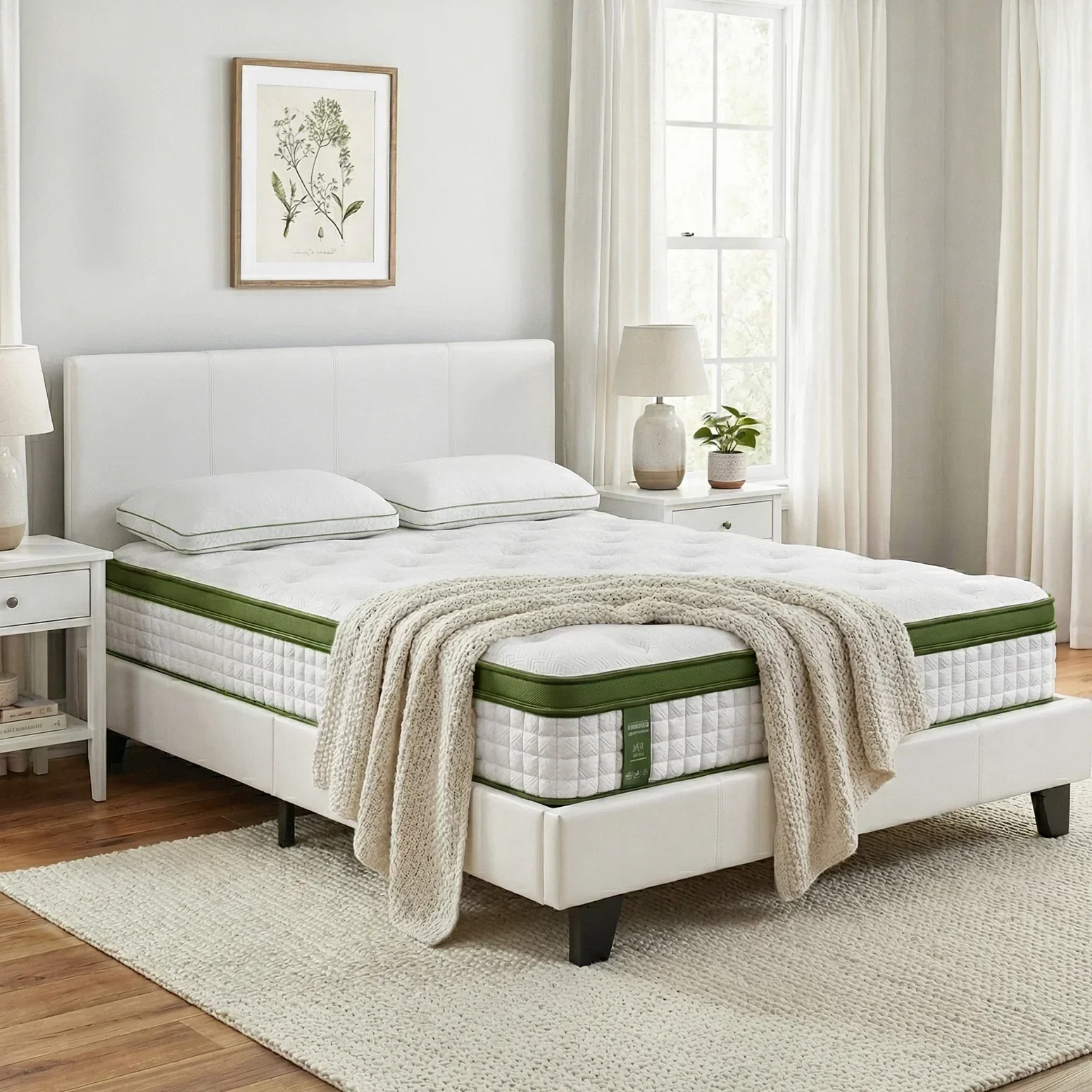 Double Bed Frame Platform White PVC Leather Hybrid Mattress Modern - Image 2