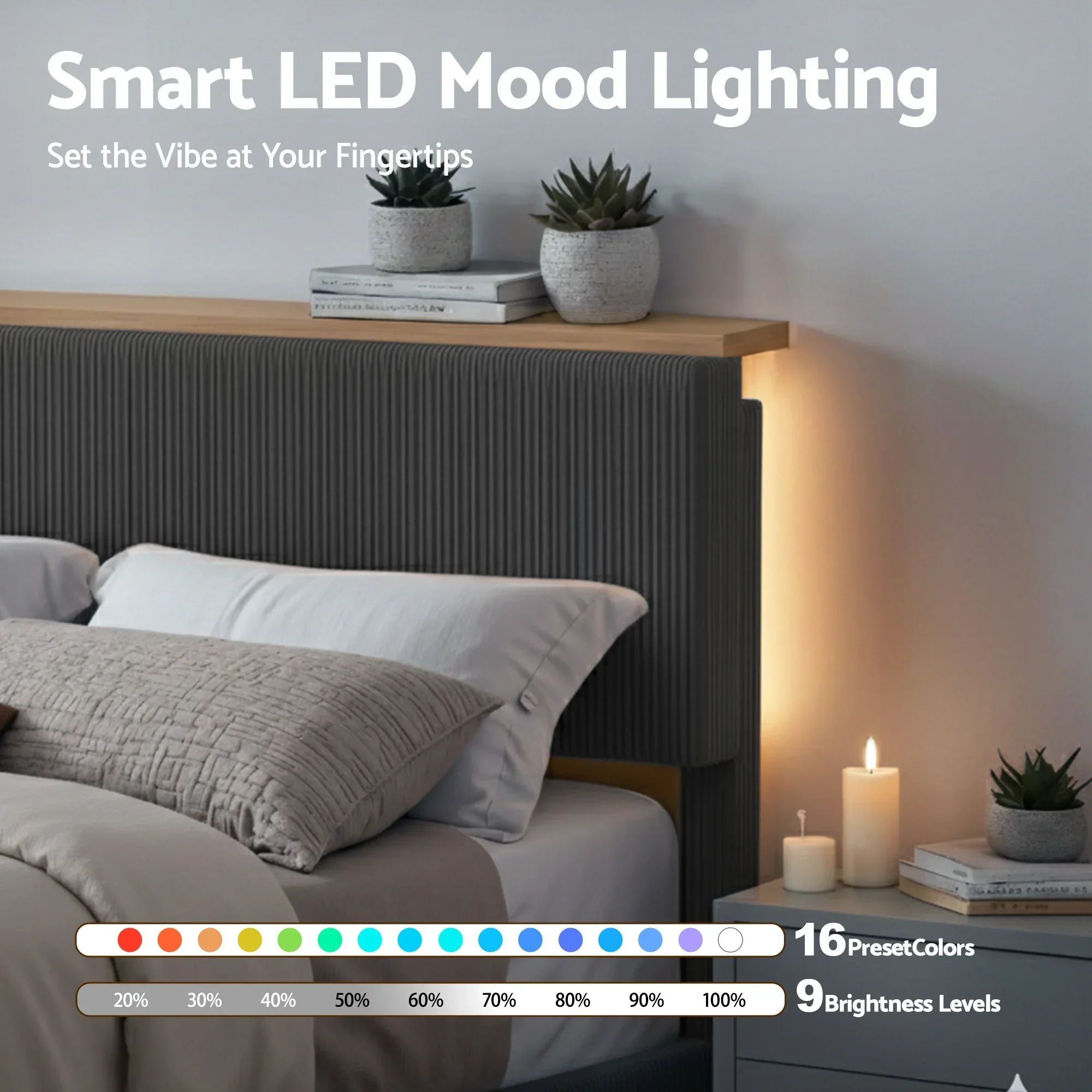 Double Bed Frame Upholstered Adjustable Headboard Mood Lighting Heavy Duty Grey Velvet - Image 5