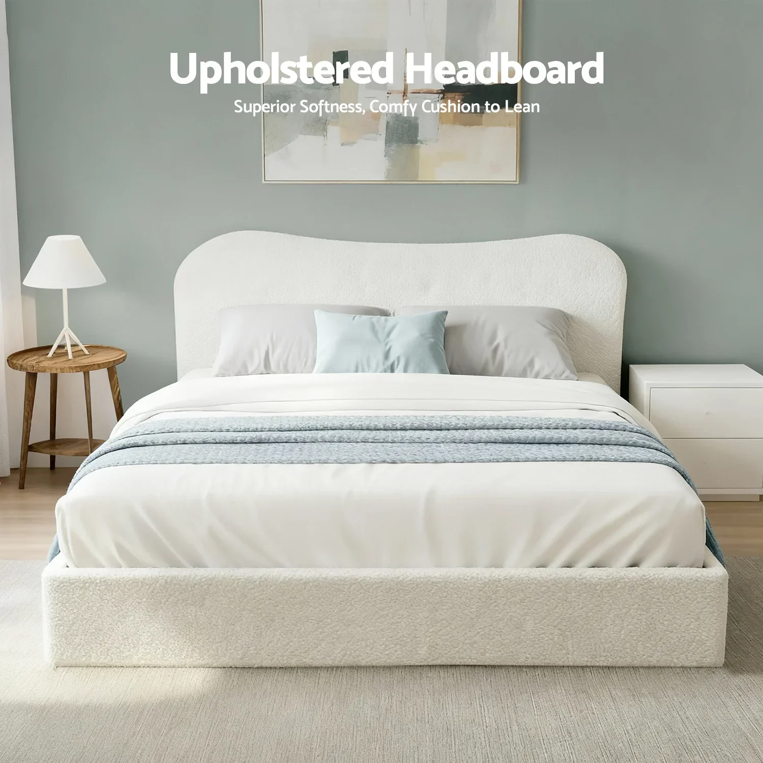 Double Bed Frame with Gaslift Storage Wooden Platform Mattress Base Boucle Upholstered White - Image 3