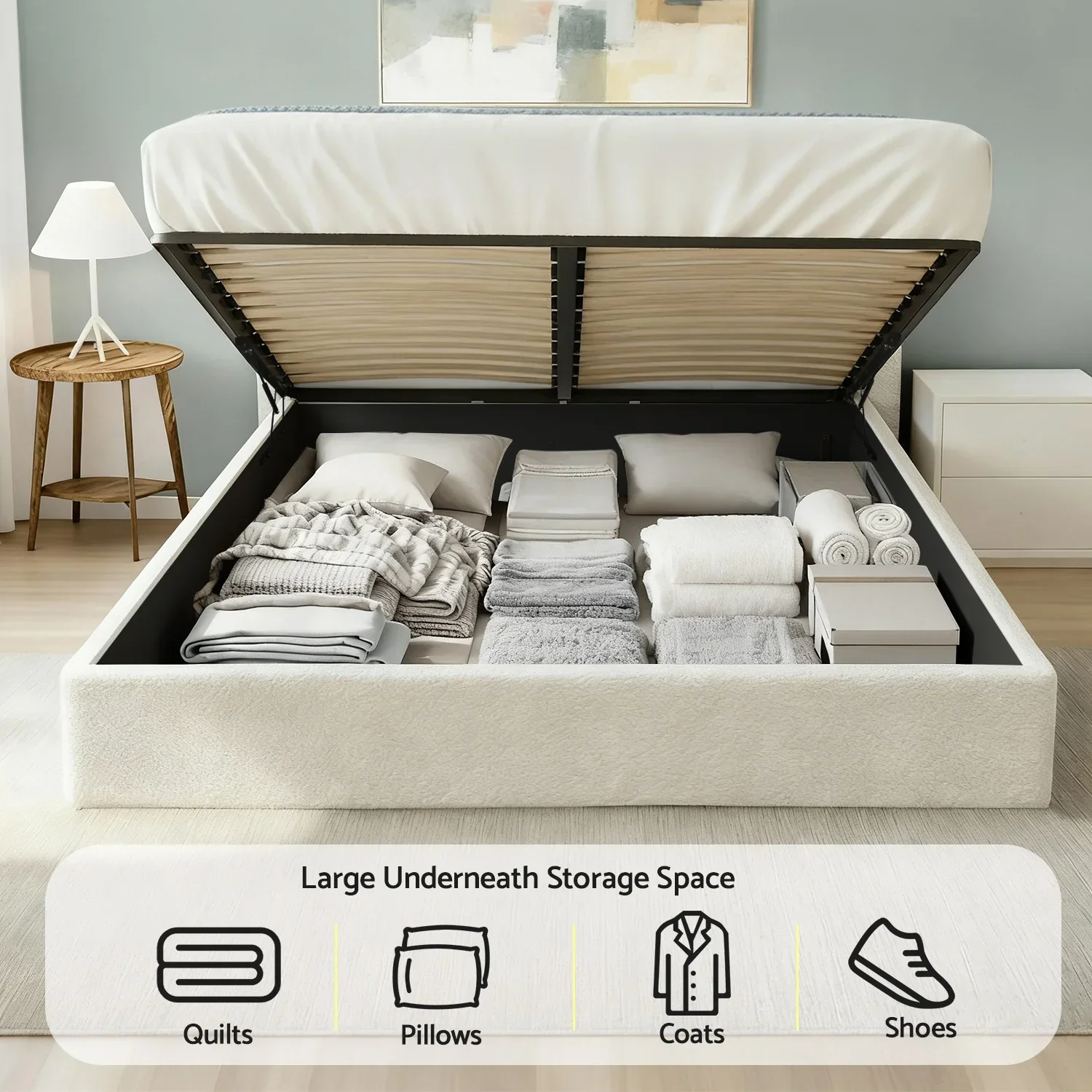 Double Bed Frame with Gaslift Storage Wooden Platform Mattress Base Boucle Upholstered White - Image 4
