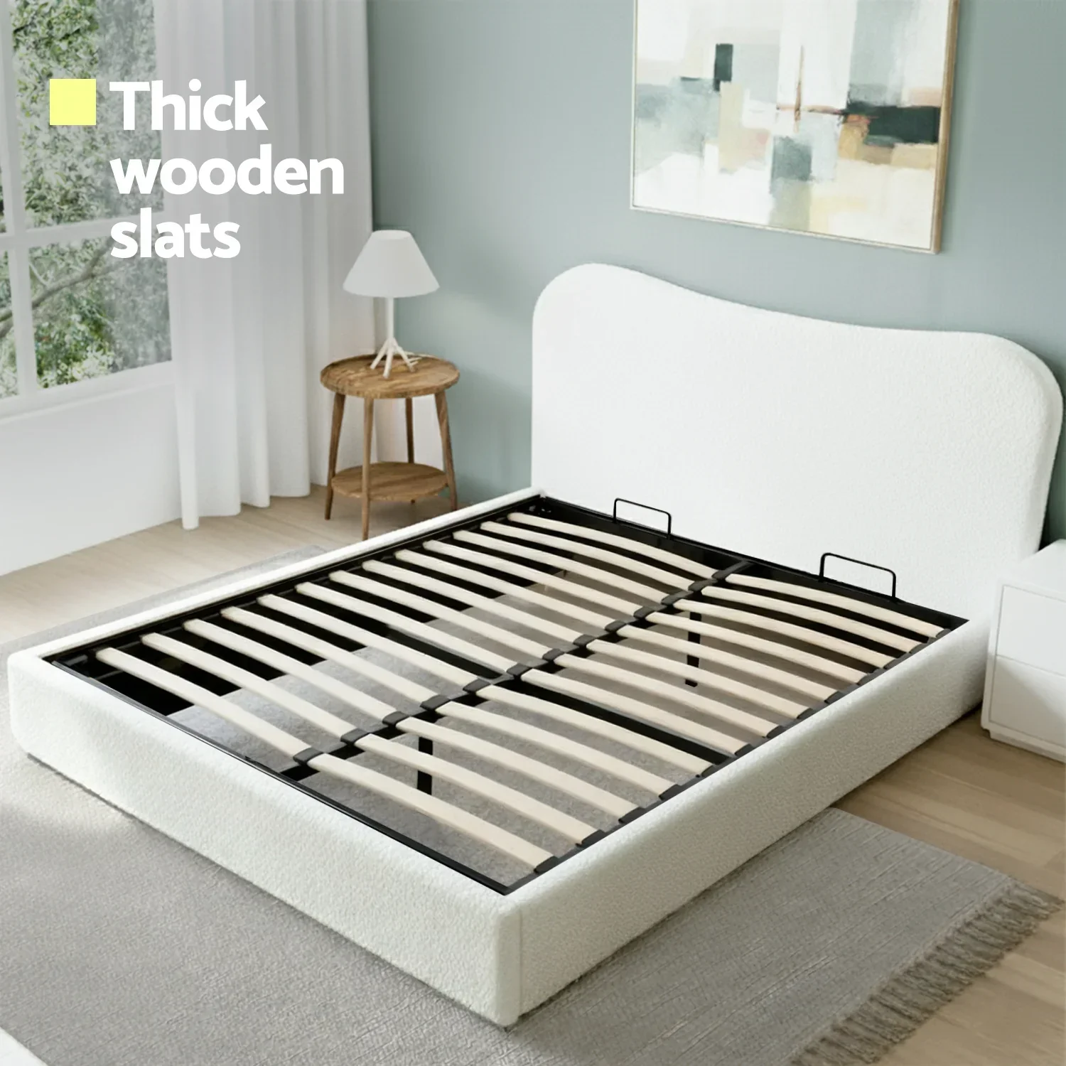 Double Bed Frame with Gaslift Storage Wooden Platform Mattress Base Boucle Upholstered White - Image 6