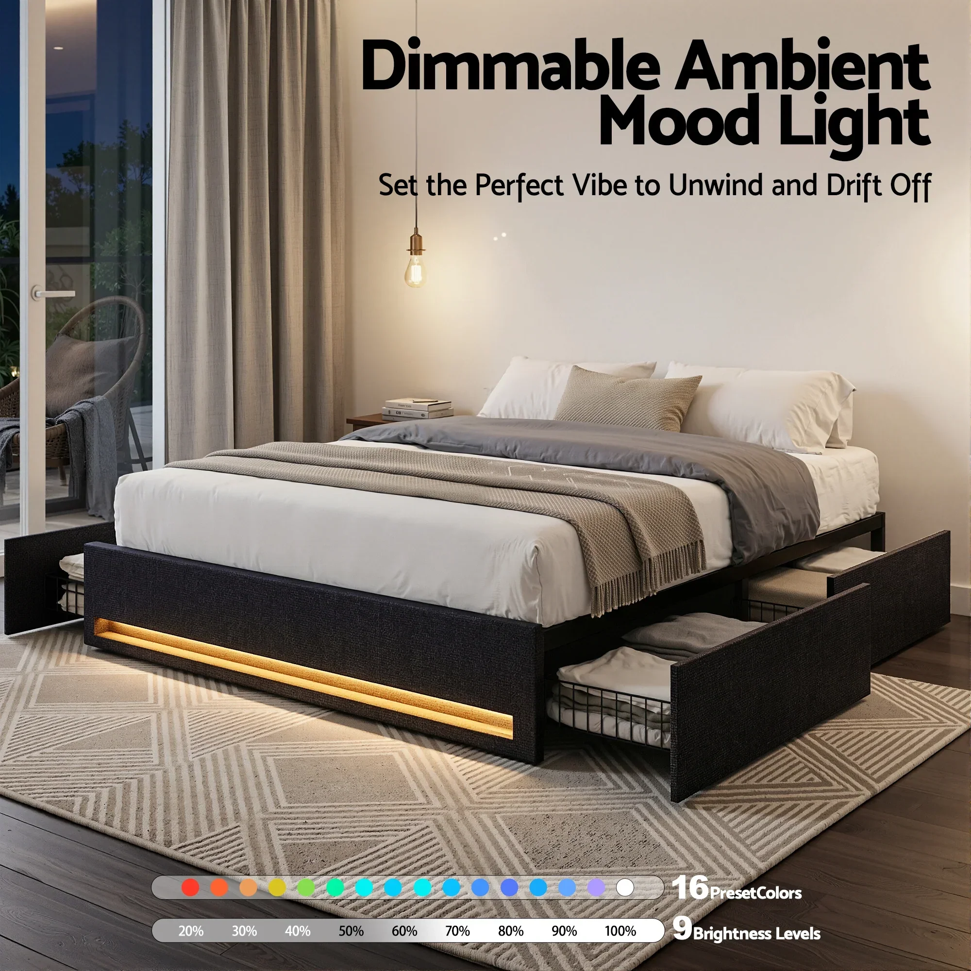 Double Bed Frame with Storage Drawers RGB Lights Charging Station Upholstered Fabric - Image 5