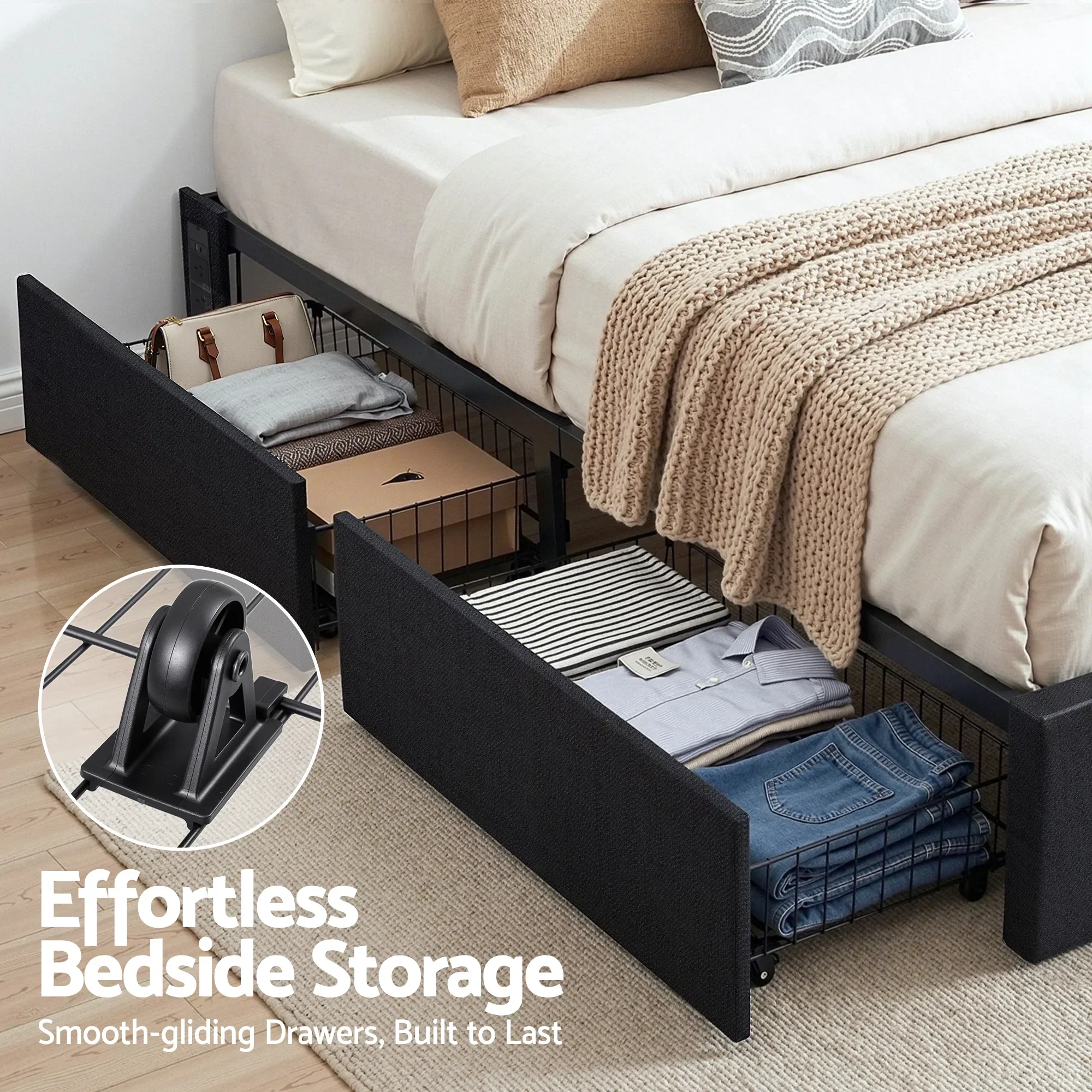 Double Bed Frame with Storage Drawers RGB Lights Charging Station Upholstered Fabric - Image 6