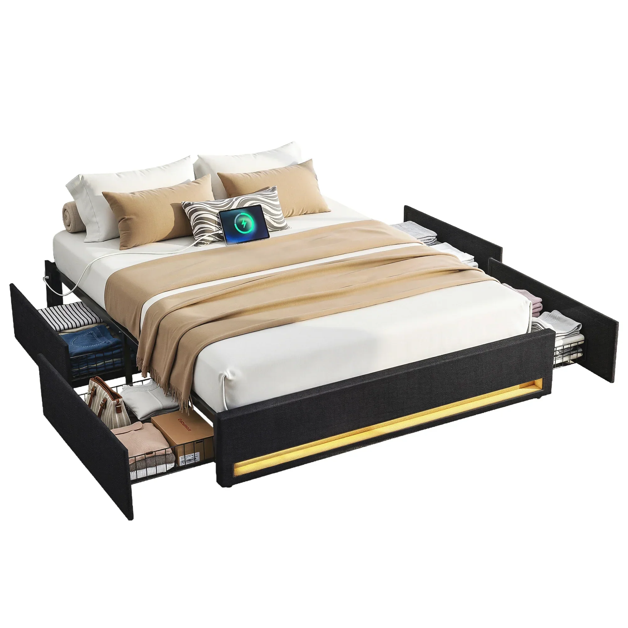 Double Bed Frame with Storage Drawers RGB Lights Charging Station Upholstered Fabric - Image 9