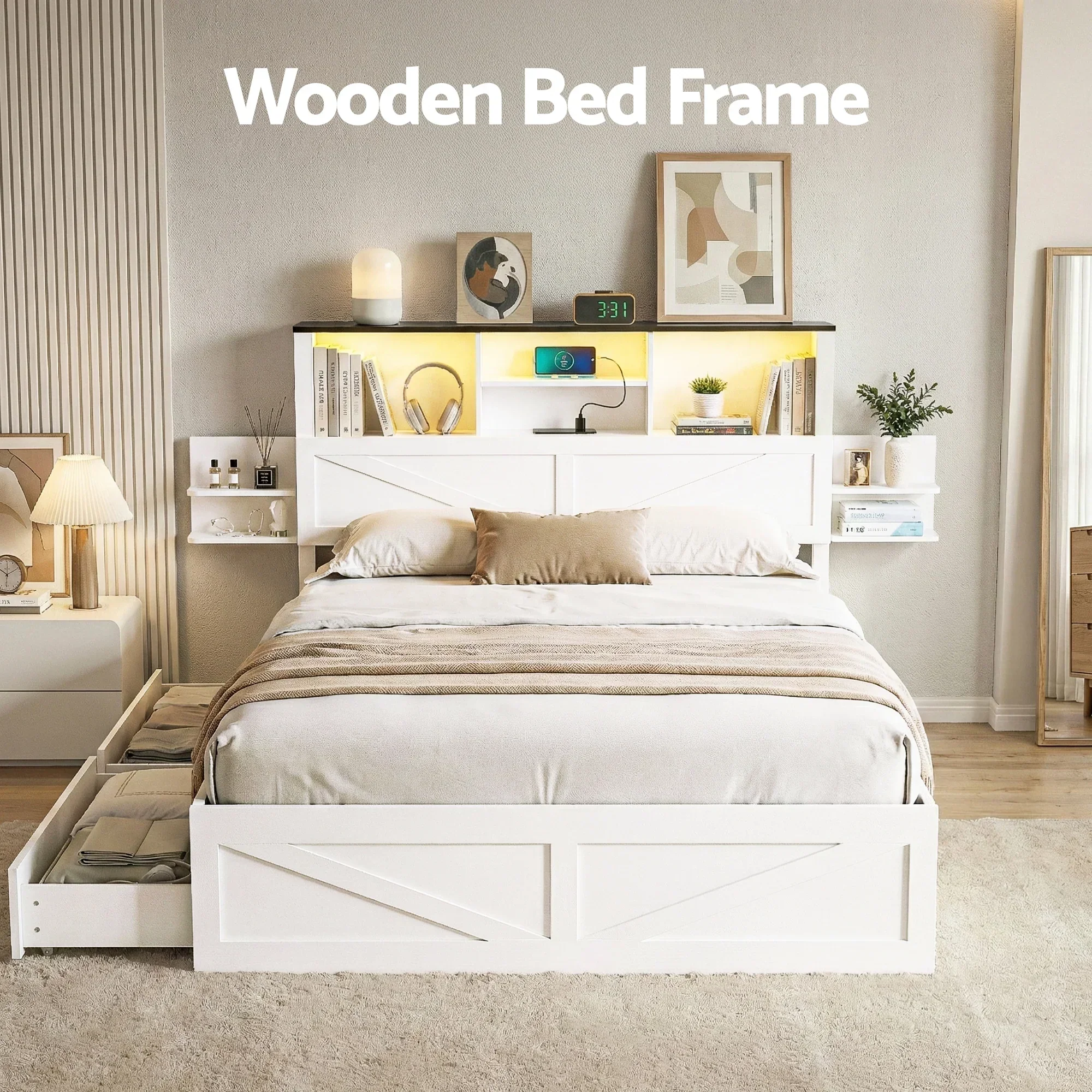 Double Bed Frame with Storage Drawers White Platform Bedframe with Bookcase Headboard Charging Station Led Light - Image 4