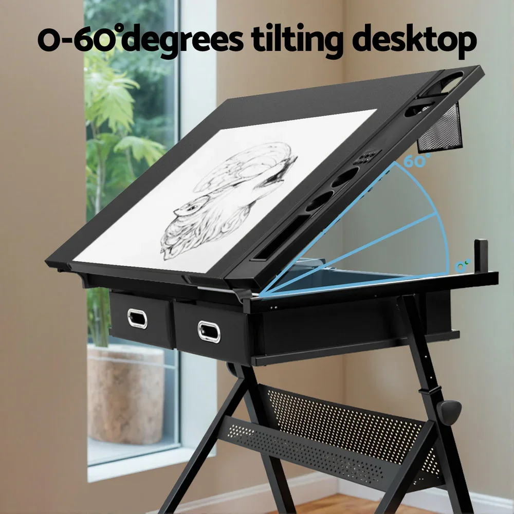 Drawing Desk Stool Set Drafting Table Adjustable Angle Tilt Drawers Black - Image 3