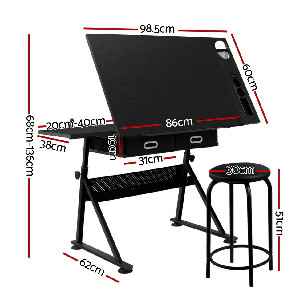 Drawing Desk Stool Set Drafting Table Adjustable Angle Tilt Drawers Black - Image 5