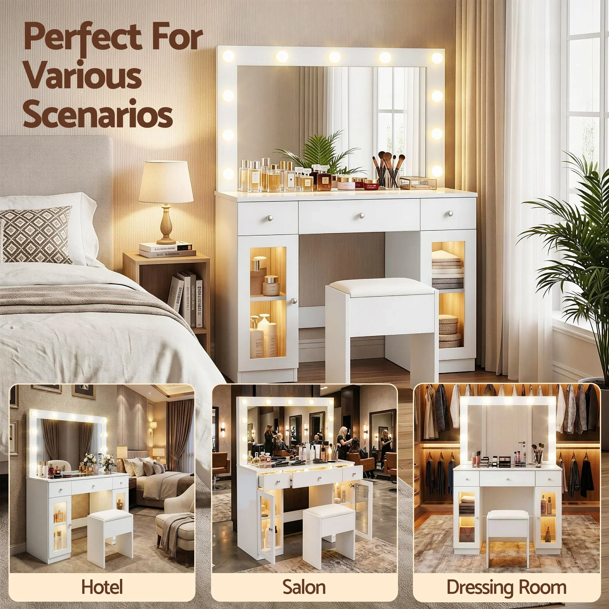 Dressing Table Vanity Desk Set LED Bulbs RGB Light White - Image 10