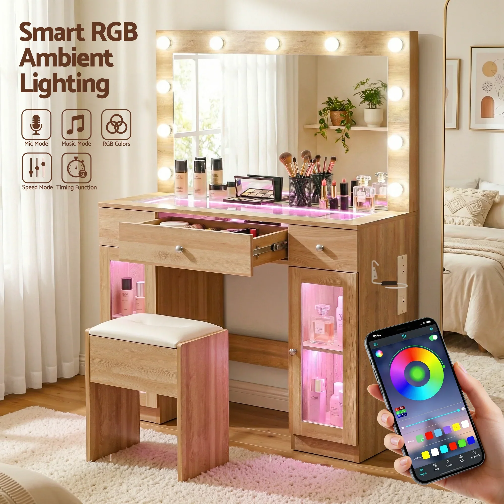 Dressing Table Vanity Desk Set LED Bulbs RGB Light Wood - Image 8