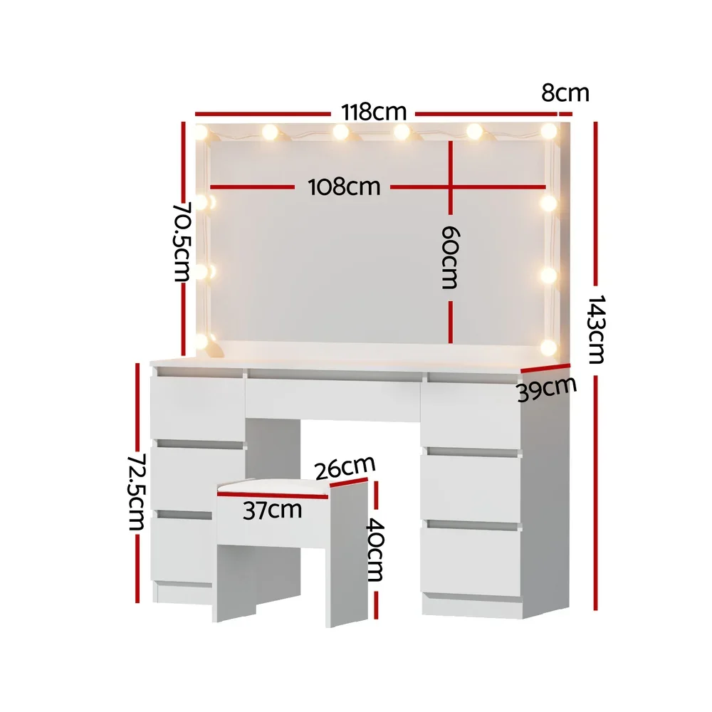 Dressing Table Vanity Desk Set Stool 12 Led Bulbs White - Image 3