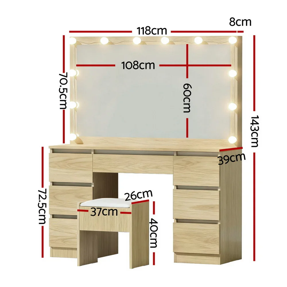 Dressing Table Vanity Desk Set Stool 12 Led Bulbs Wood - Image 3