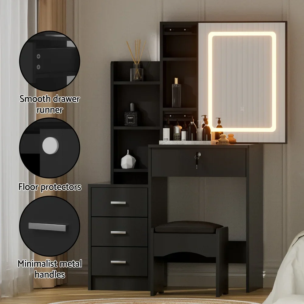 Dressing Table Vanity Desk Set Stool Led Black - Image 6
