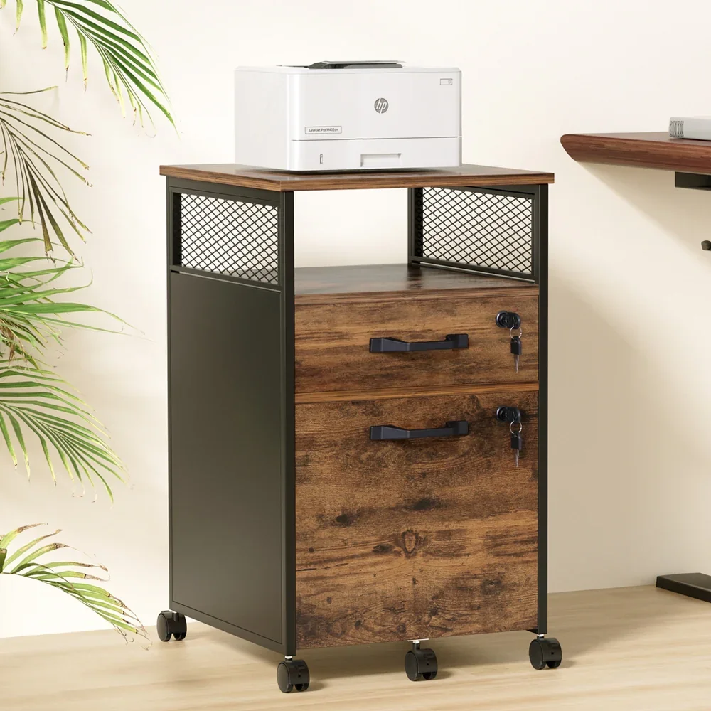 Filing Cabinet File Cabinet with Wheels 2 Drawer Storage Rustic Brown