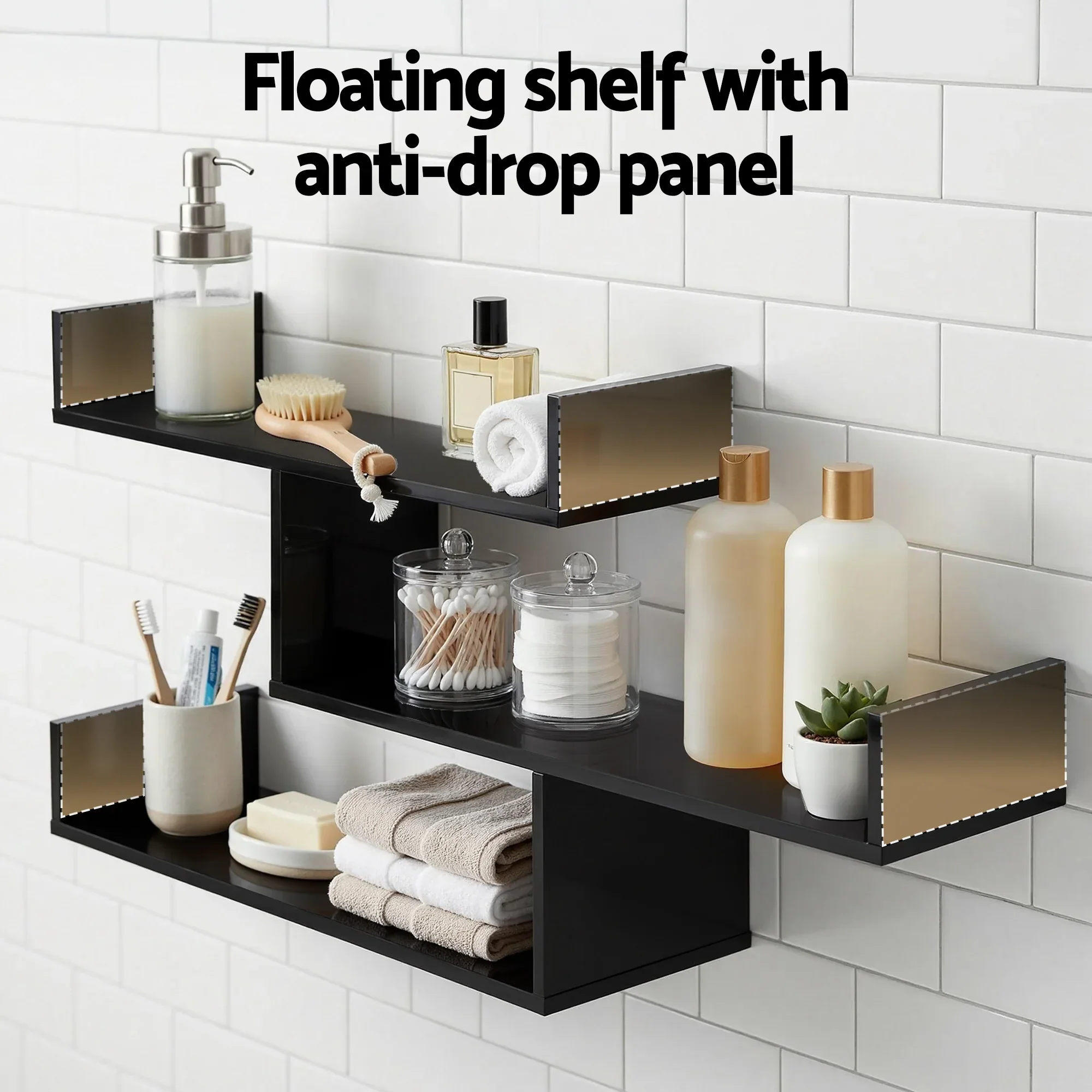Floating Wall Shelf 3 Tier Black - Image 4