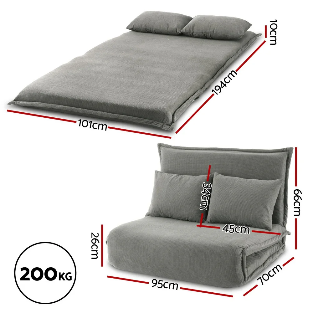 Floor Lounge Sofa Bed Foldable 2 Seater Grey - Image 2