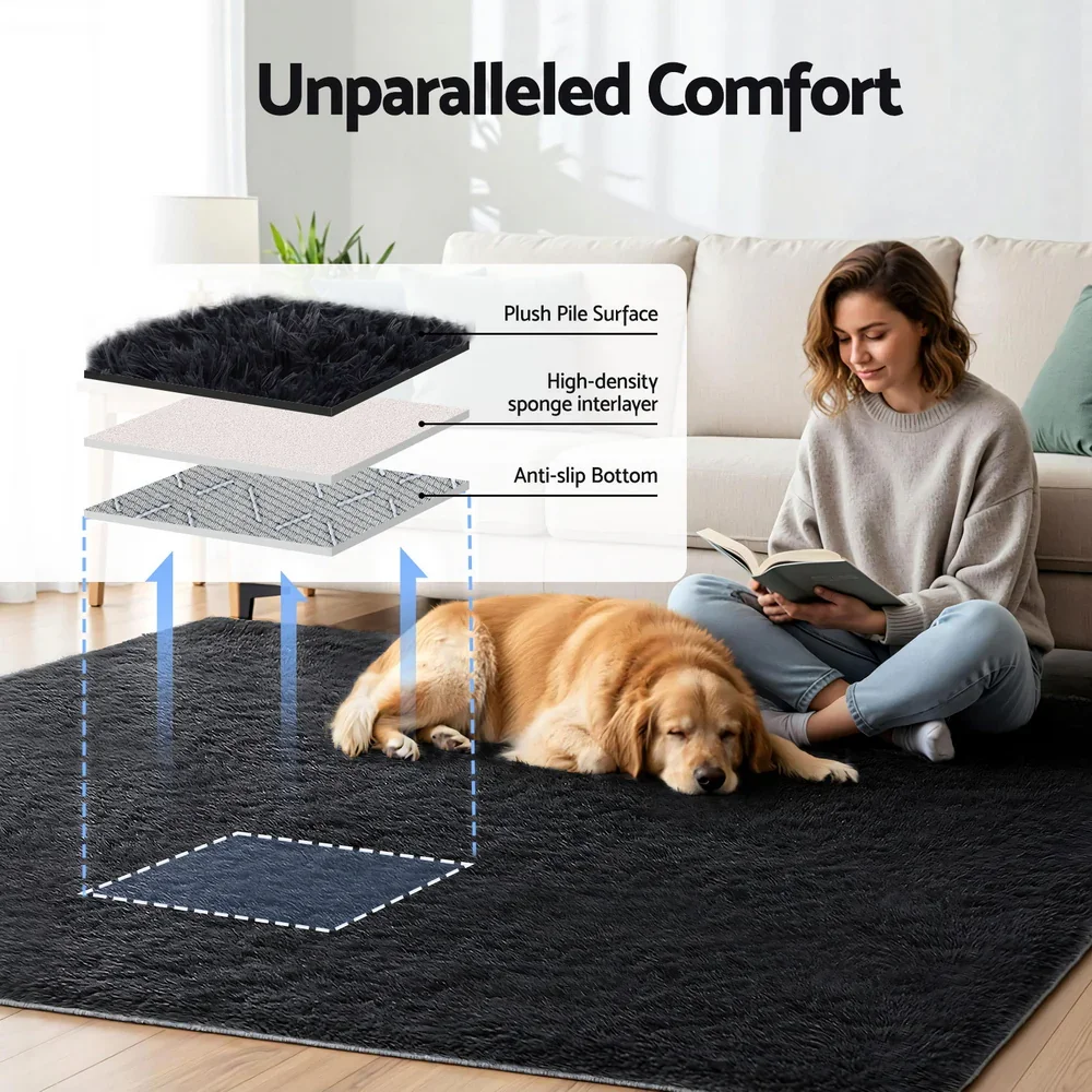 Floor Rug 200x230cm Plush Area Shaggy Rug Living Room Bedroom Carpet Black - Image 4