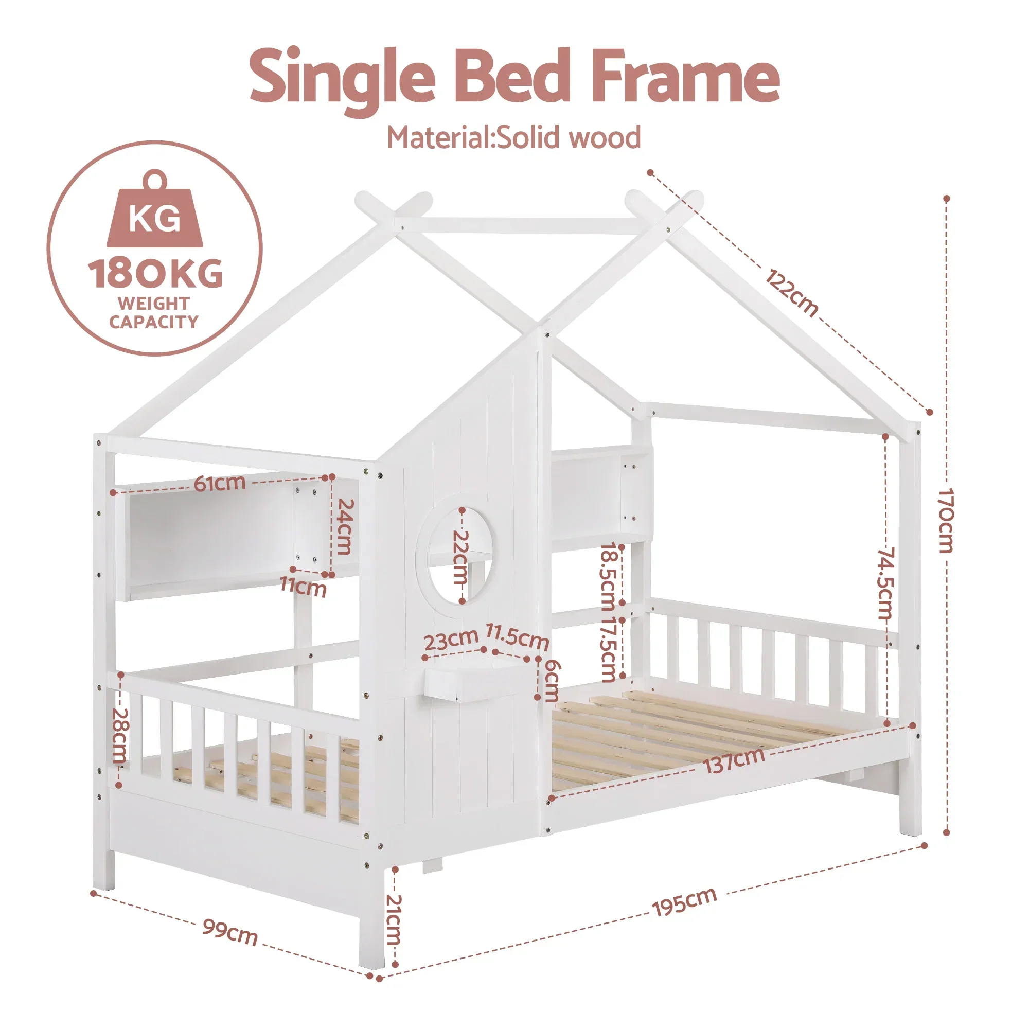 Kids Single Bed Frame House Bed Solid Wood Montessori Bed for Toddler White - Image 2
