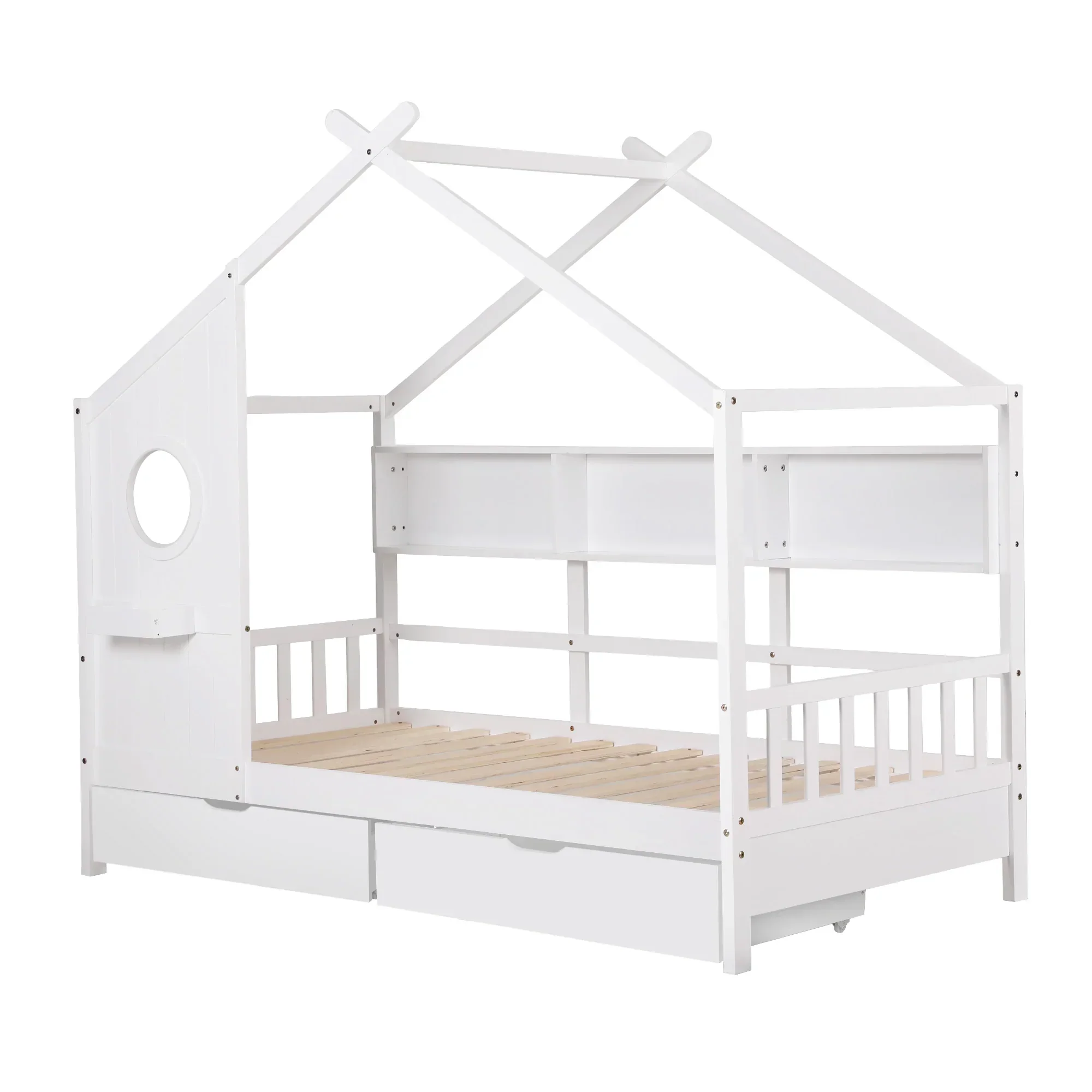 Kids Single Bed Frame with 3 Storage Bookcase & 2 Drawers House Bed Solid Wood Montessori Bed Easy Assembly White - Image 10