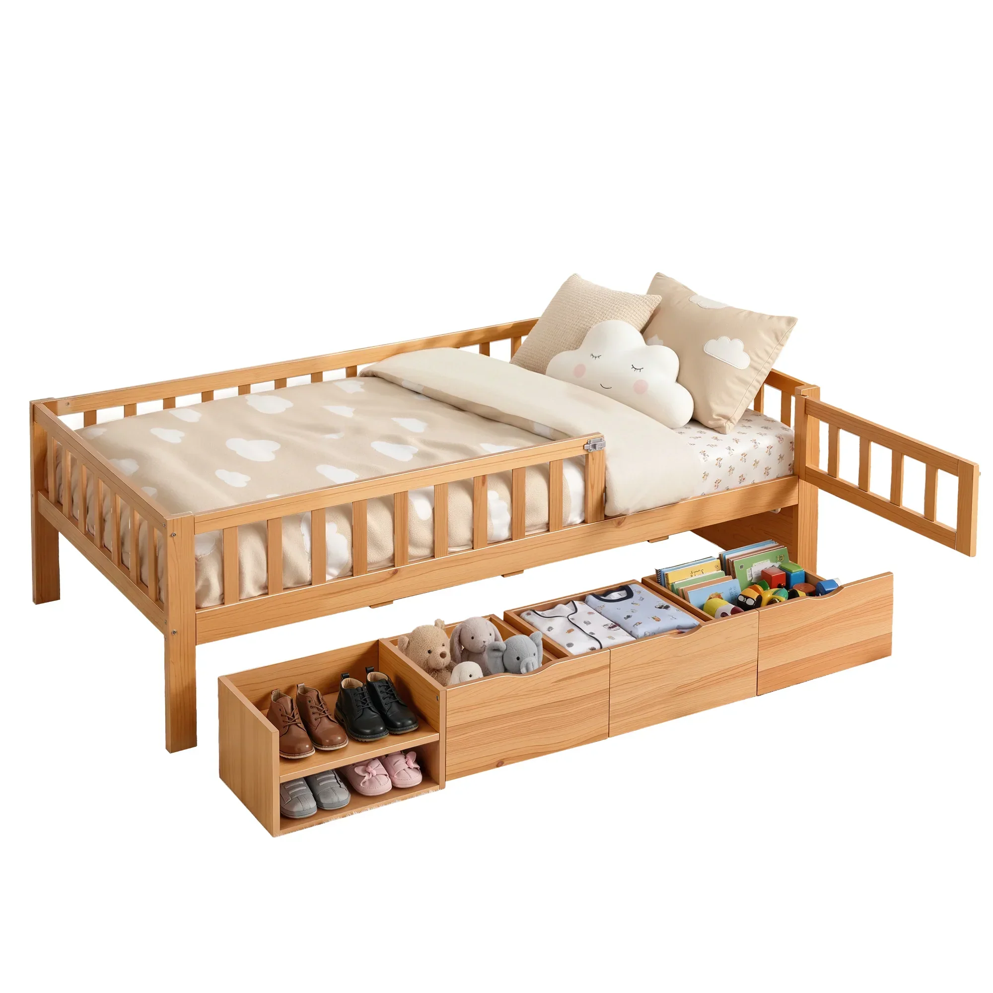 Kids Single Bed Frame with 3 Storage Drawer Montessori Bed for Toddler Natural - Image 8