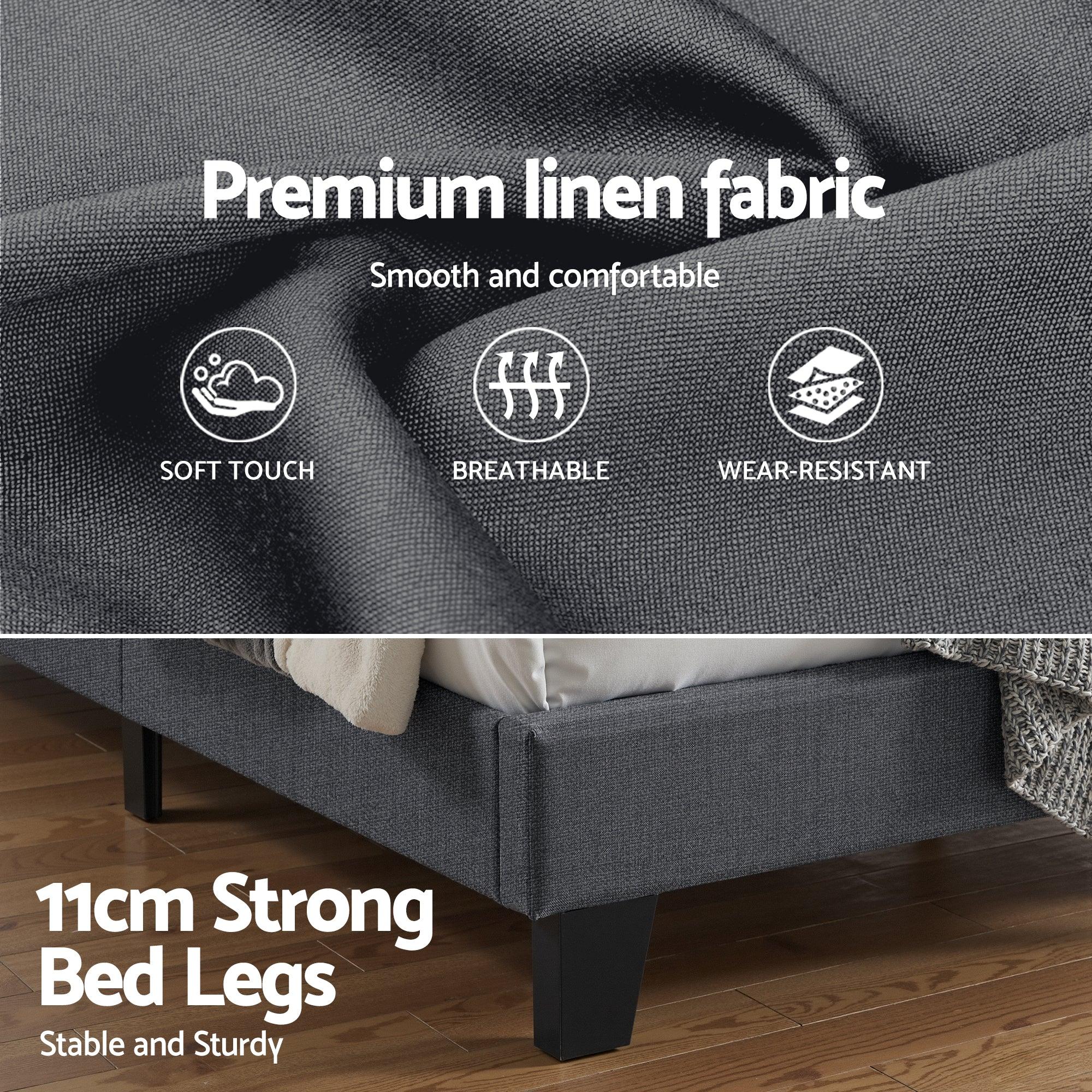 King Bed Frame Upholstered Platform Base with Geometric Headboard Charcoal Grey Linen Wood Slats for Modern Bedroom Furniture Home Decor - Image 7