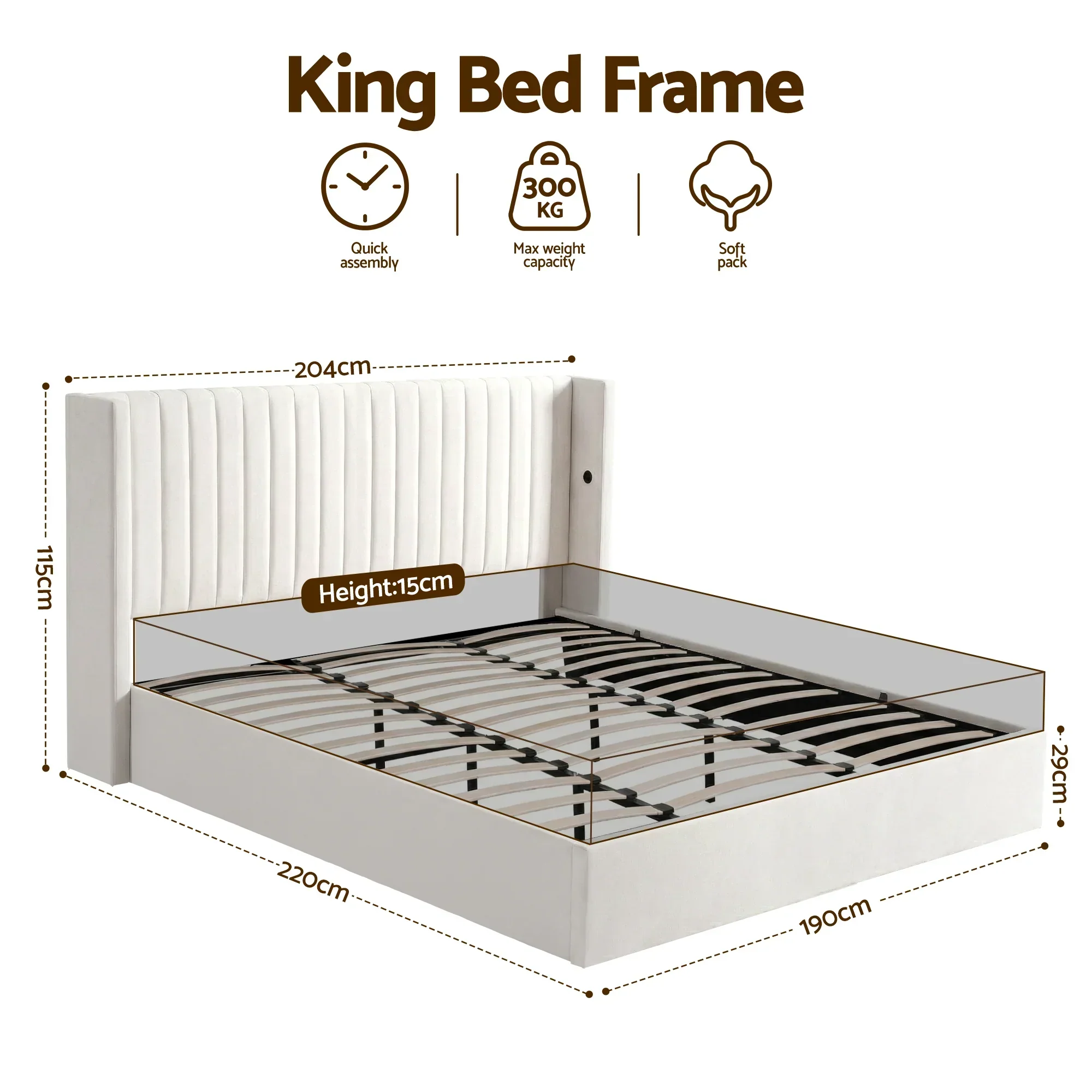 King Bed Frame with Gaslift Storage USB Type-C Charging Ports Velvet Upholstery White - Image 2