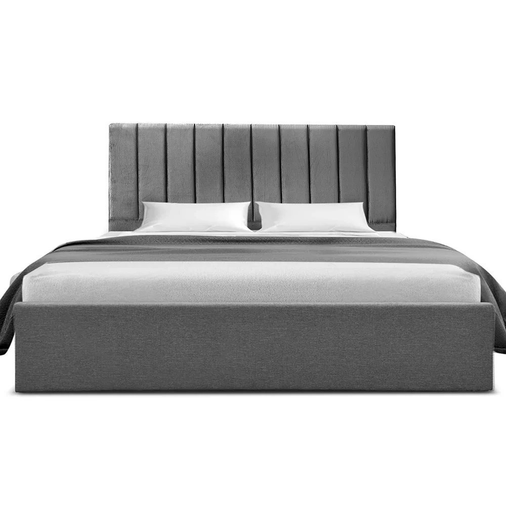 King Bed Frame with Storage Grey Velvet Headboard Gas Lift Platform Base - Image 3