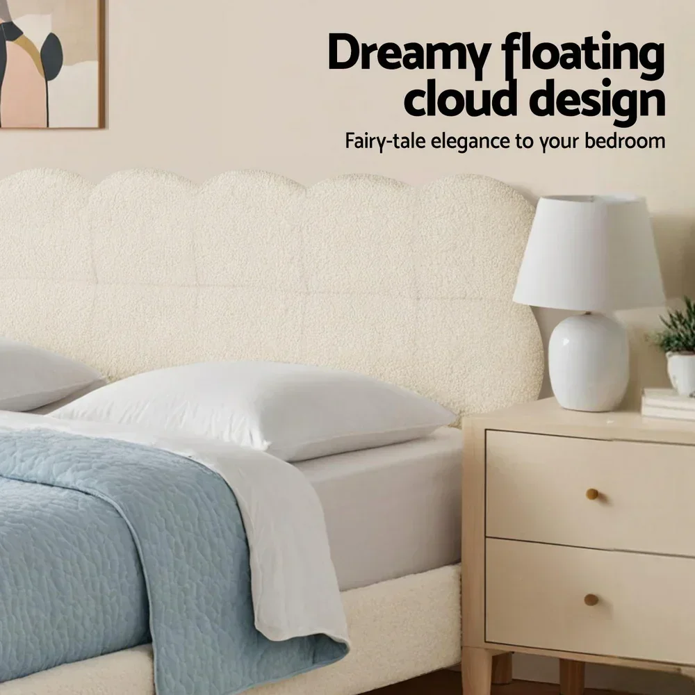 King Single Bed Frame Cloud Headboard Boucle Fabric Mattress Platform Base White - Image 5