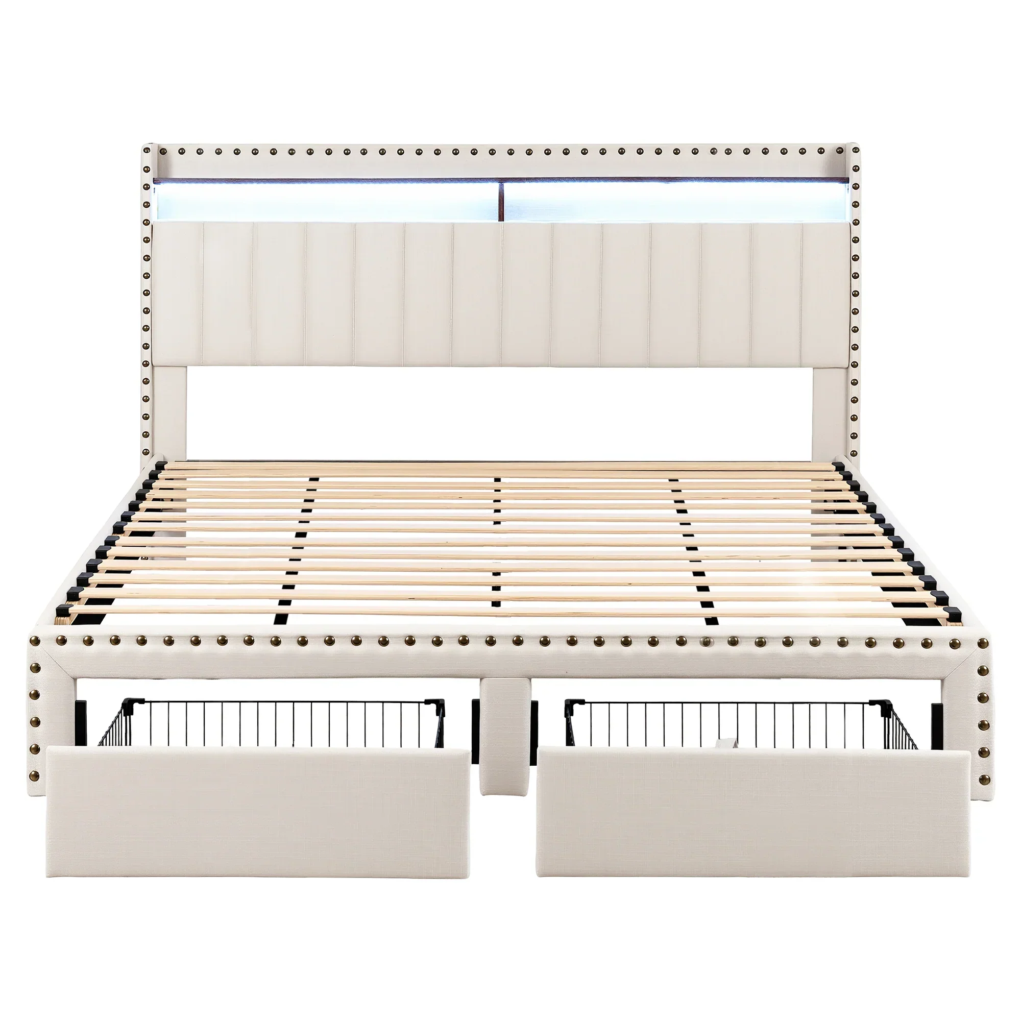 King Upholstered Bed Frame with Shelf Storage Drawers Charging Station Mood Lighting Linen - Image 3