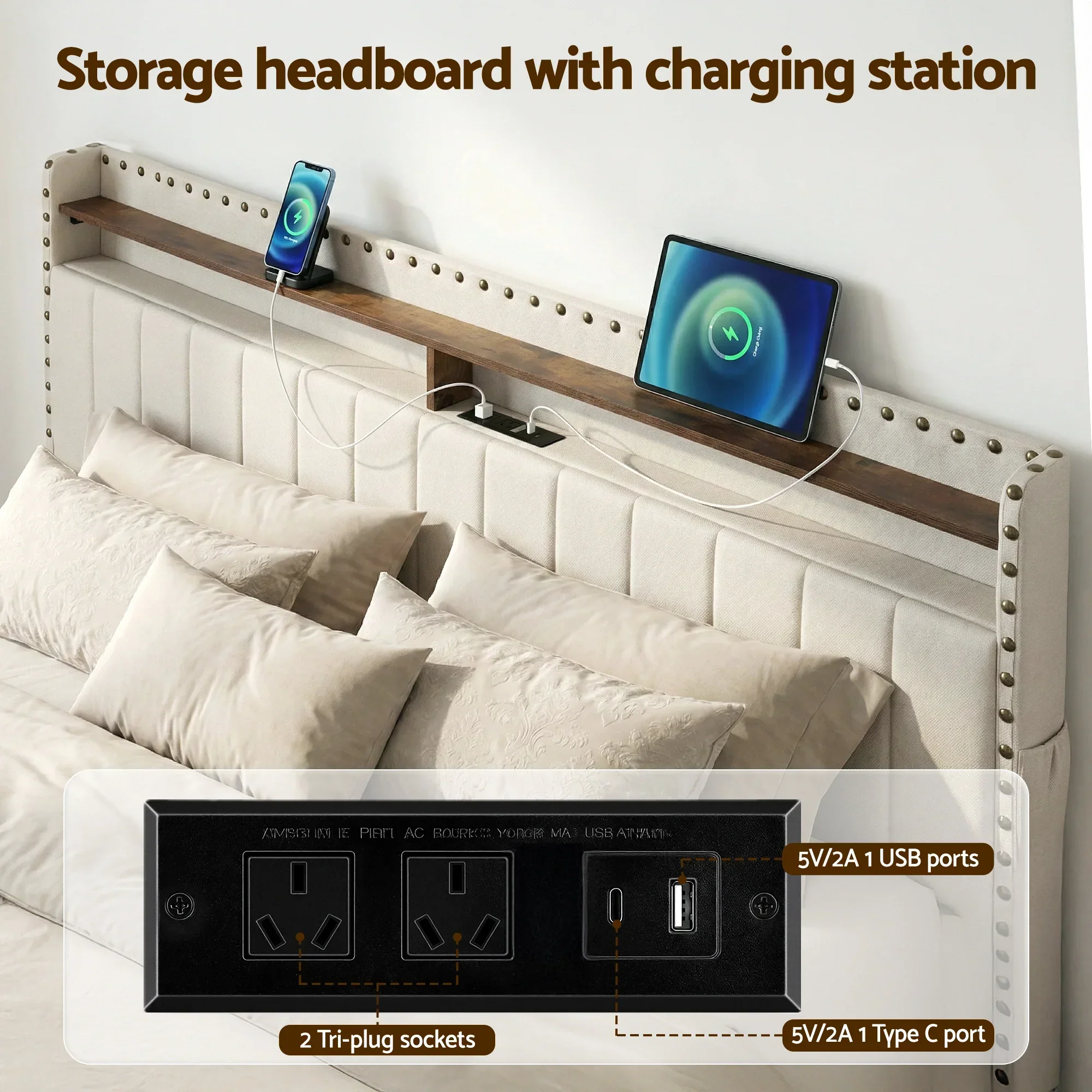King Upholstered Bed Frame with Shelf Storage Drawers Charging Station Mood Lighting Linen - Image 5