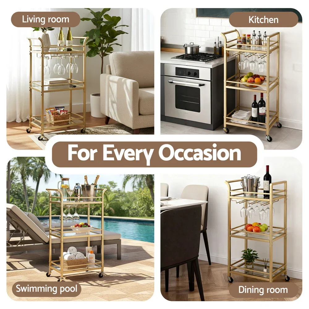 Kitchen Island Cart Trolley Rolling Serving Storage Wine Glass 43cm Gold - Image 7