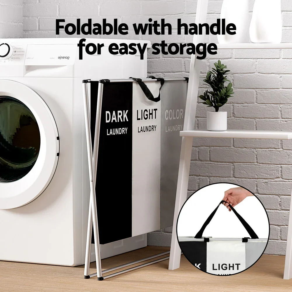 Laundry Basket Hamper Large Foldable Washing Clothes Storage 3 Sections - Image 5