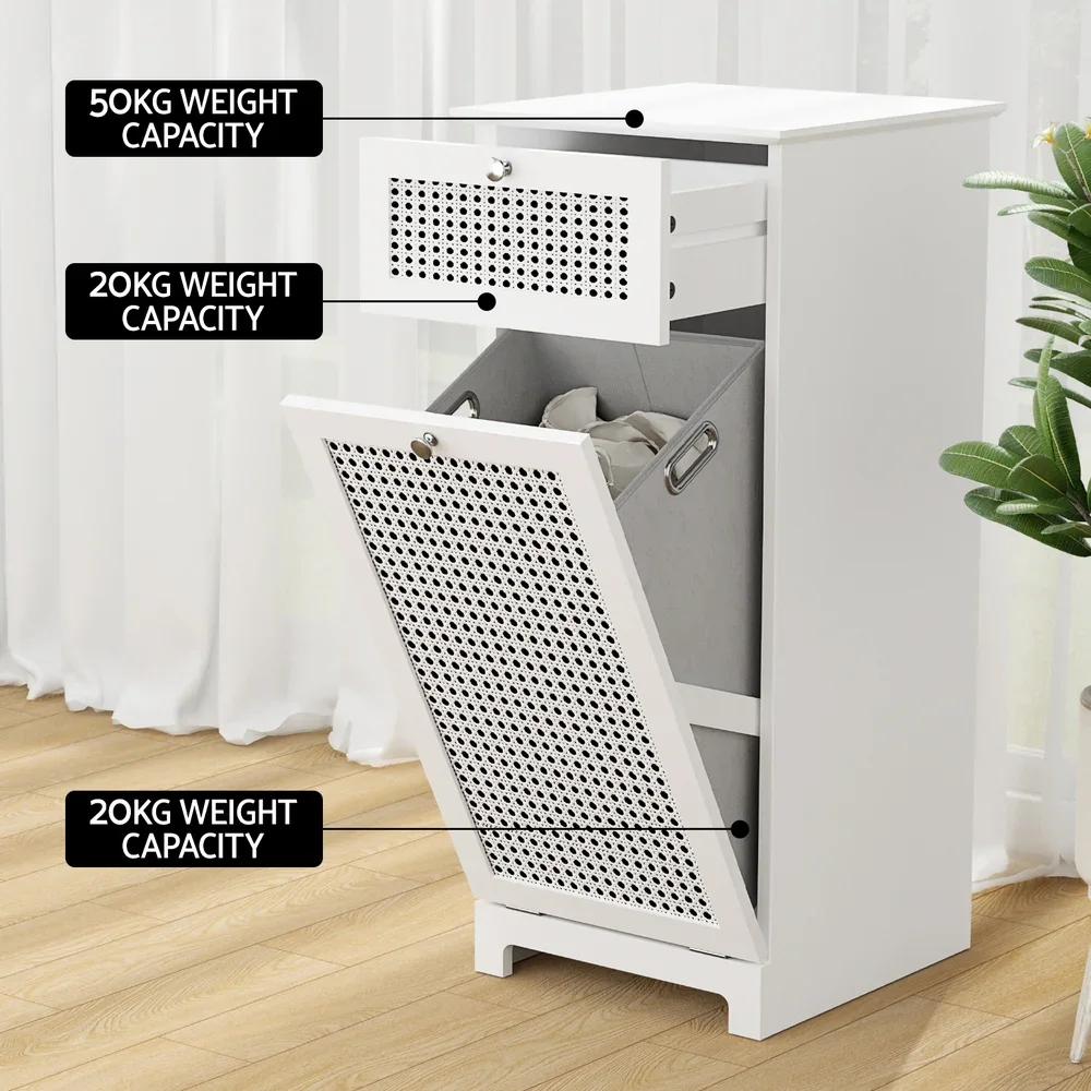 Laundry Hamper Cabinet Bathroom Storage White Rattan Clothes Basket - Image 8