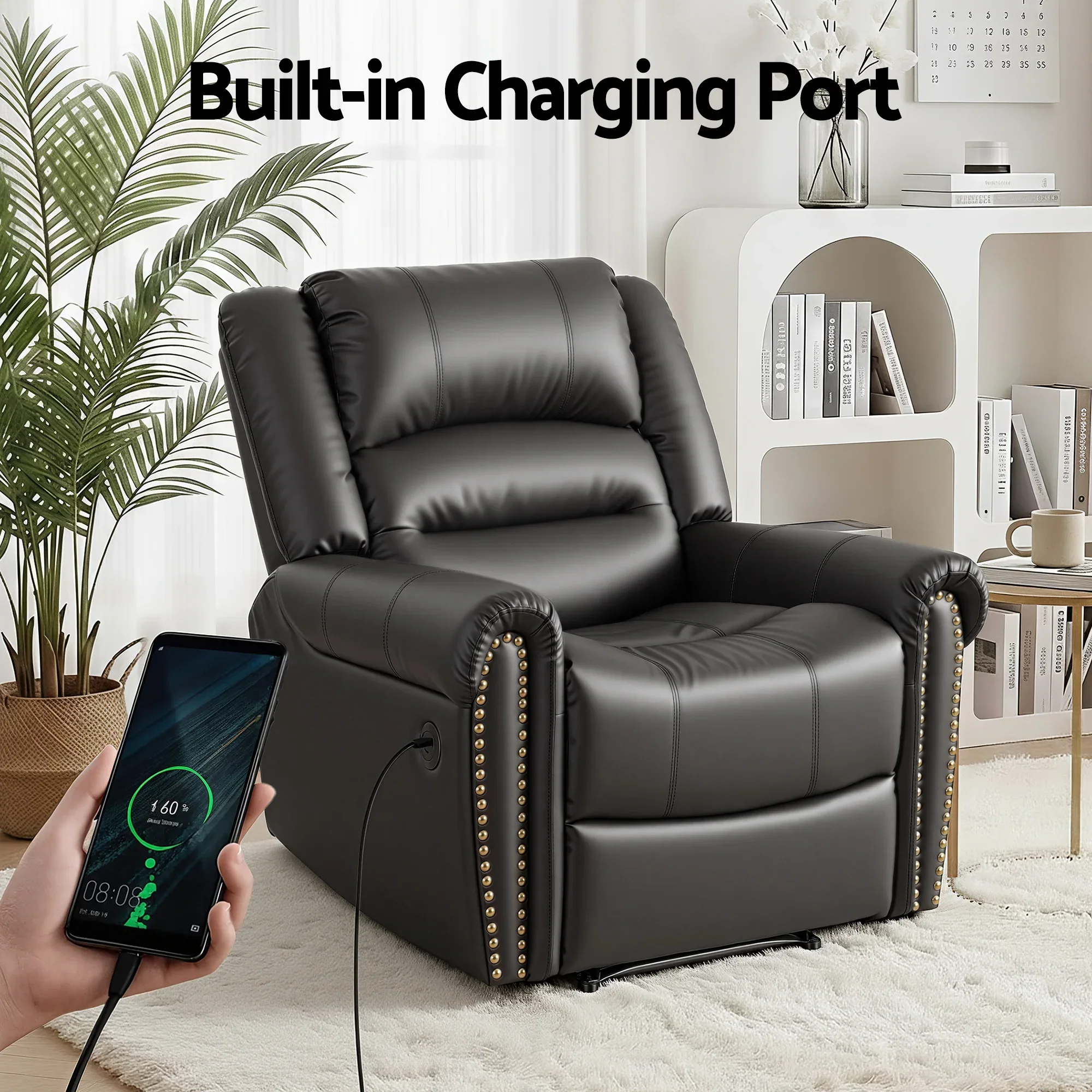 Leather Manual Recliner Chair with USB Charge Port, Overstuffed Armchair Sofa for Living Room and Nursery, Asjustable Theater Reclining Lounge with Comfortable Wide Seat, 150kg Capacity, Black - Image 5