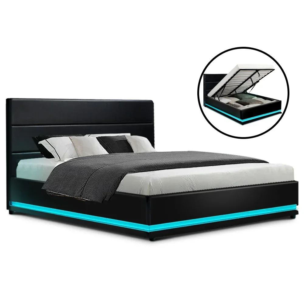 Bed Frame Double Size LED Gas Lift Black LUMI - Image 6