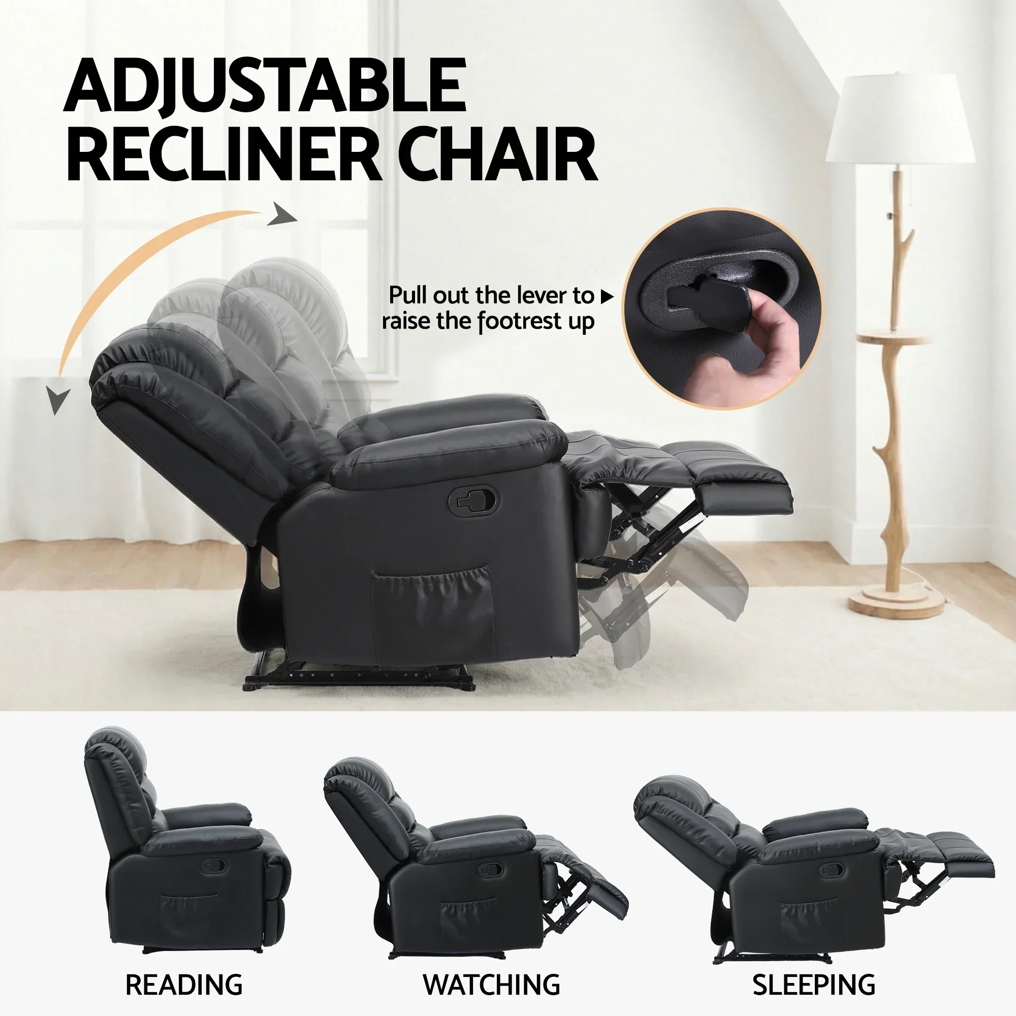 Manual Recliner Chair Leather Reclining Sofa with 16color Led Black - Image 2