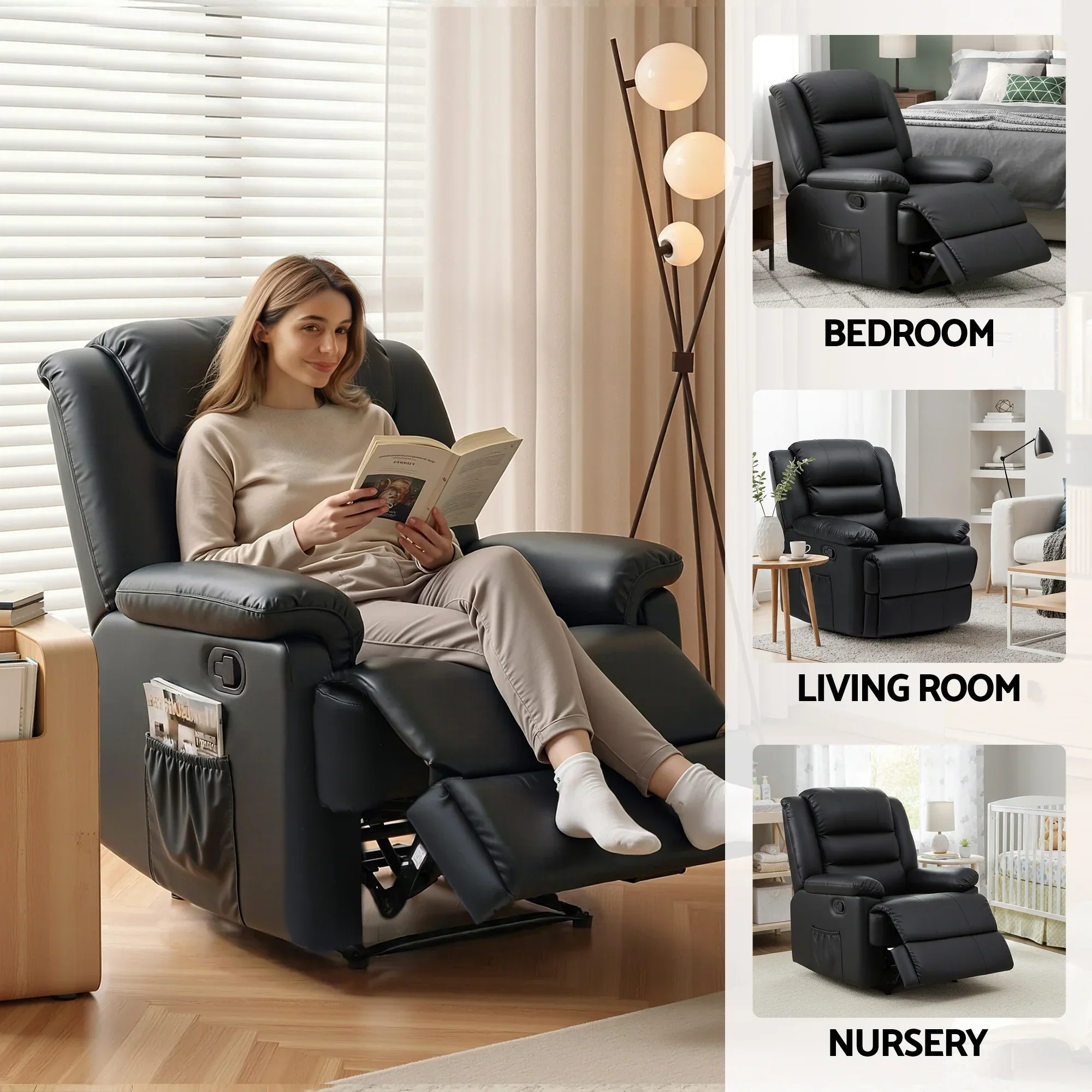 Manual Recliner Chair Leather Reclining Sofa with 16color Led Black - Image 6
