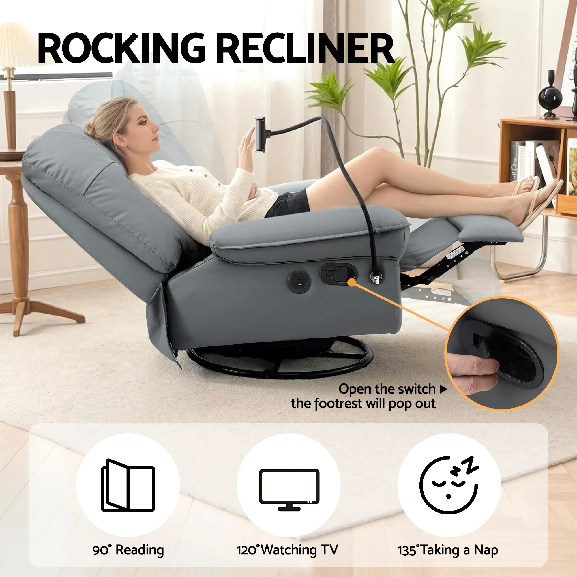 Manual Swivel Rocker Recliner with USB Ports Rocking Chair Nursery Sofa Lounge - Image 4